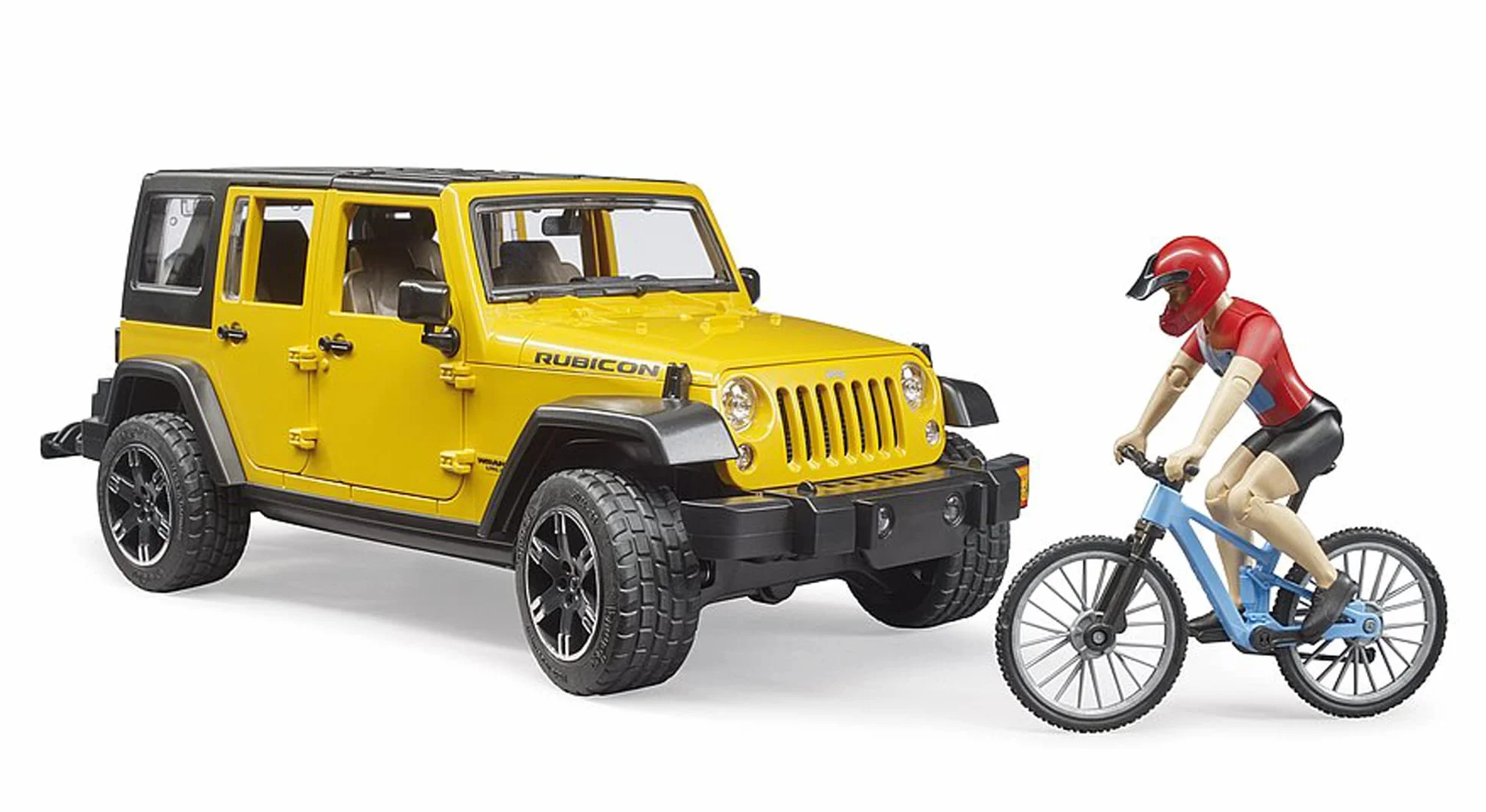 bruder 02543 - Jeep Wrangler Rubicon Unlimited z rowerem górskim i rowerzystą, pojazd terenowy, rower, figurka zabawki