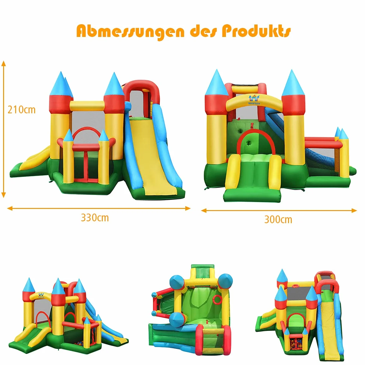 COSTWAY Nadmuchiwany zamek dmuchany z dmuchawą 610 W, 2 zjeżdżalnie, zamek do skakania, zamek do gry na świeżym powietrzu, w zestawie 60 piłek oceanicznych, torba, słupki, zestaw naprawczy 330 x 300 x