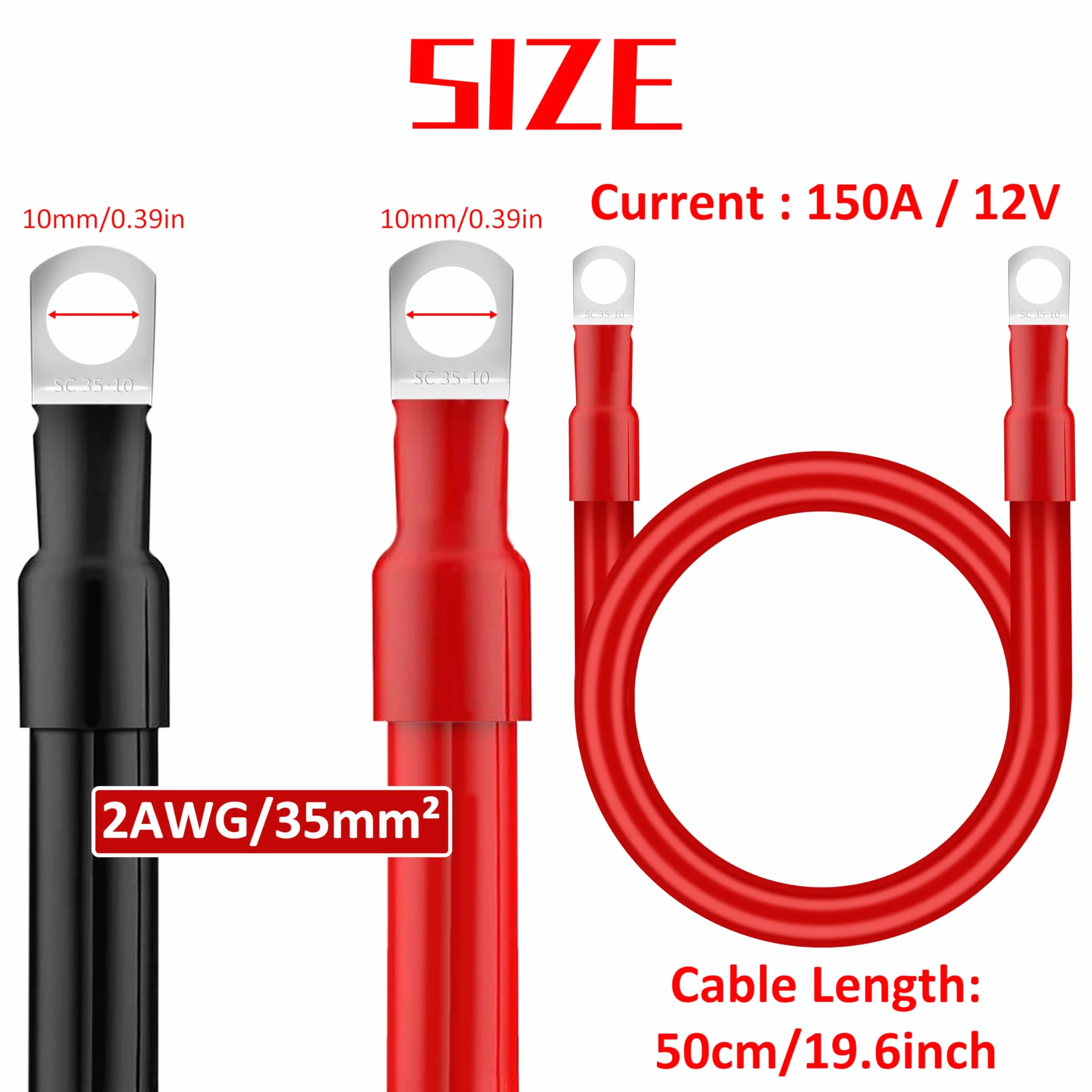 QIMEI-SHOP Kable akumulatora samochodowego 35 mm² 50 cm Przewody falownika akumulatora 2AWG 12V Kabel akumulatora z końcówkami kablowymi M10 do samochodów ciężarowych motocyklowych morskich