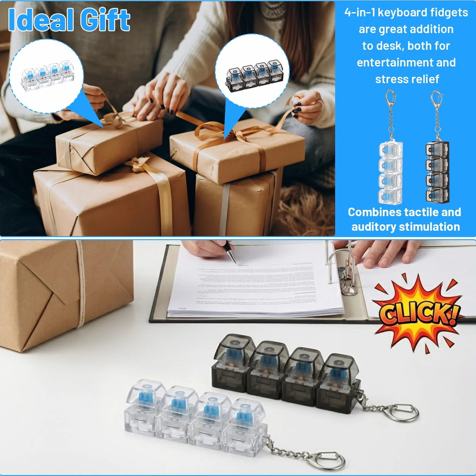 2 sztuki breloczków do kluczy z klawiaturą, zabawna klawiatura Fidget Keychain, breloczek do kluczy, breloczek do kluczy, czarno-biały, do redukcji stresu, dla dorosłych
