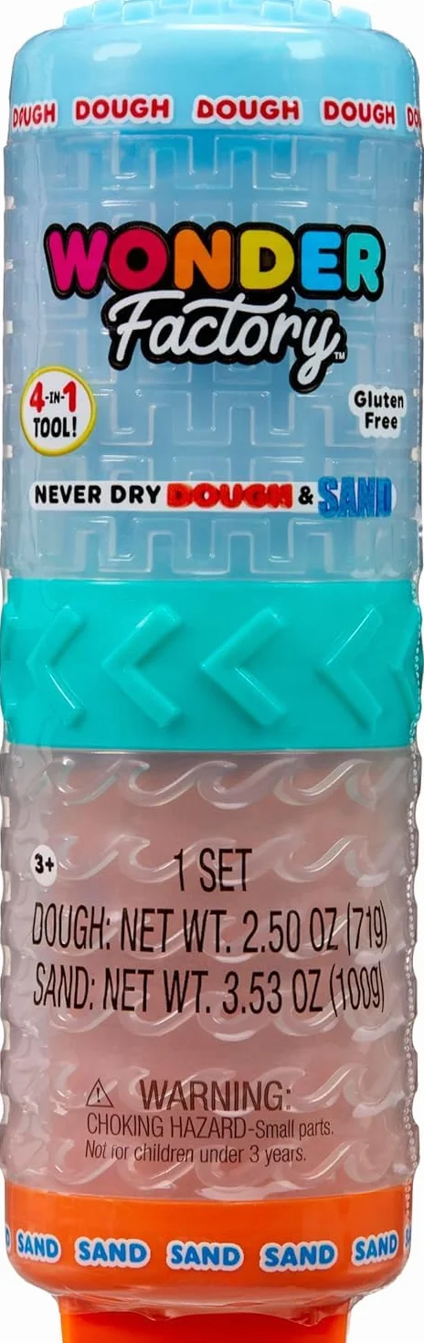 Wonder Factory Never Dry Dough and Sand Starter Set – Zawiera 1 Tubkę z 104 ml Piasku i 1 Tubkę z 74 ml Bezglutenowej Masy Plastycznej. Nigdy nie Wysycha, Zabawa Pełna Nieskończonych Możliwości