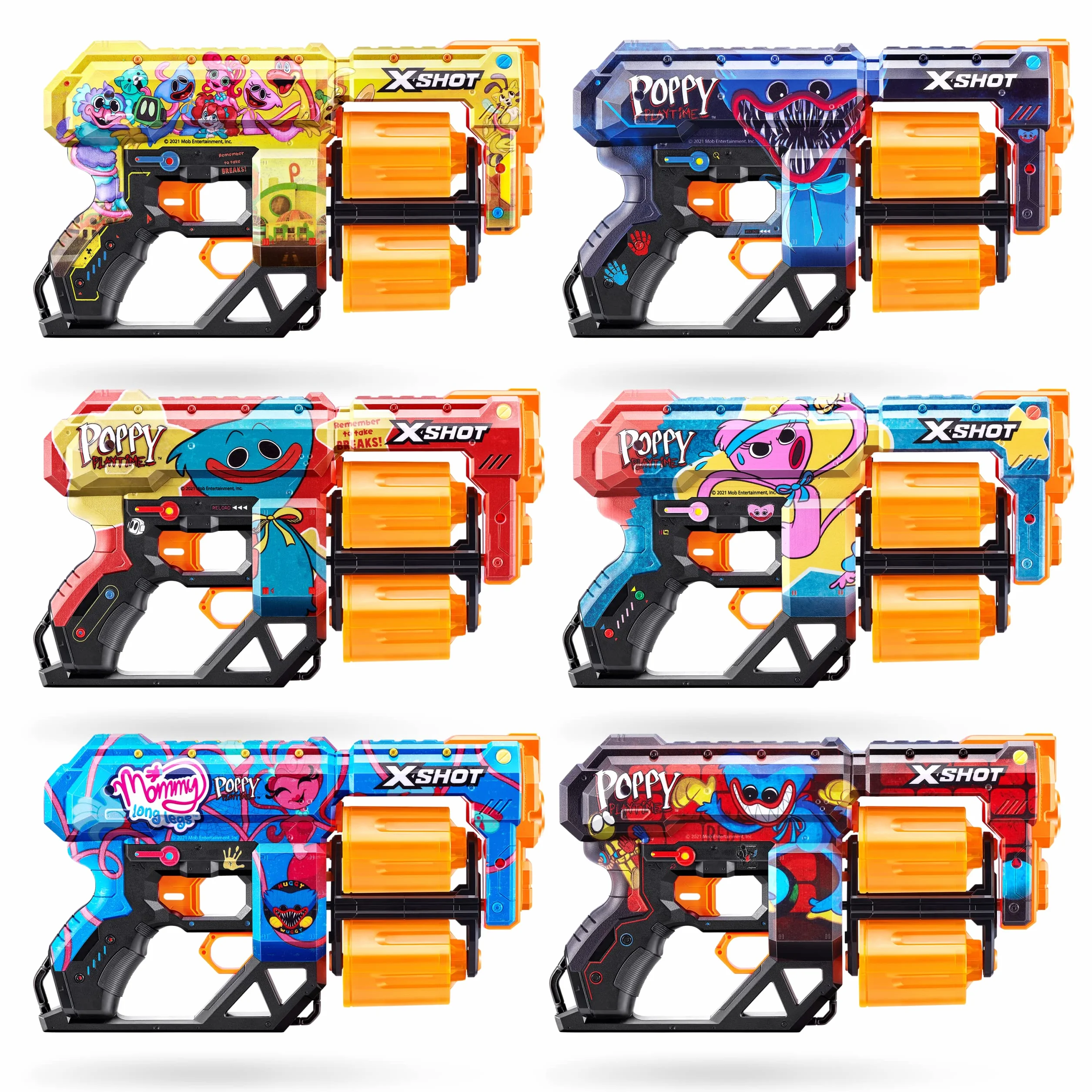 X-Shot Skins Dread Blaster - Poppy Playtime (Kissy) marki ZURU z 12 rzutkami, podwójna obrotowa beczka, technologia rzutek powietrznych, zabawka do piany dla dzieci, nastolatków i młodzieży