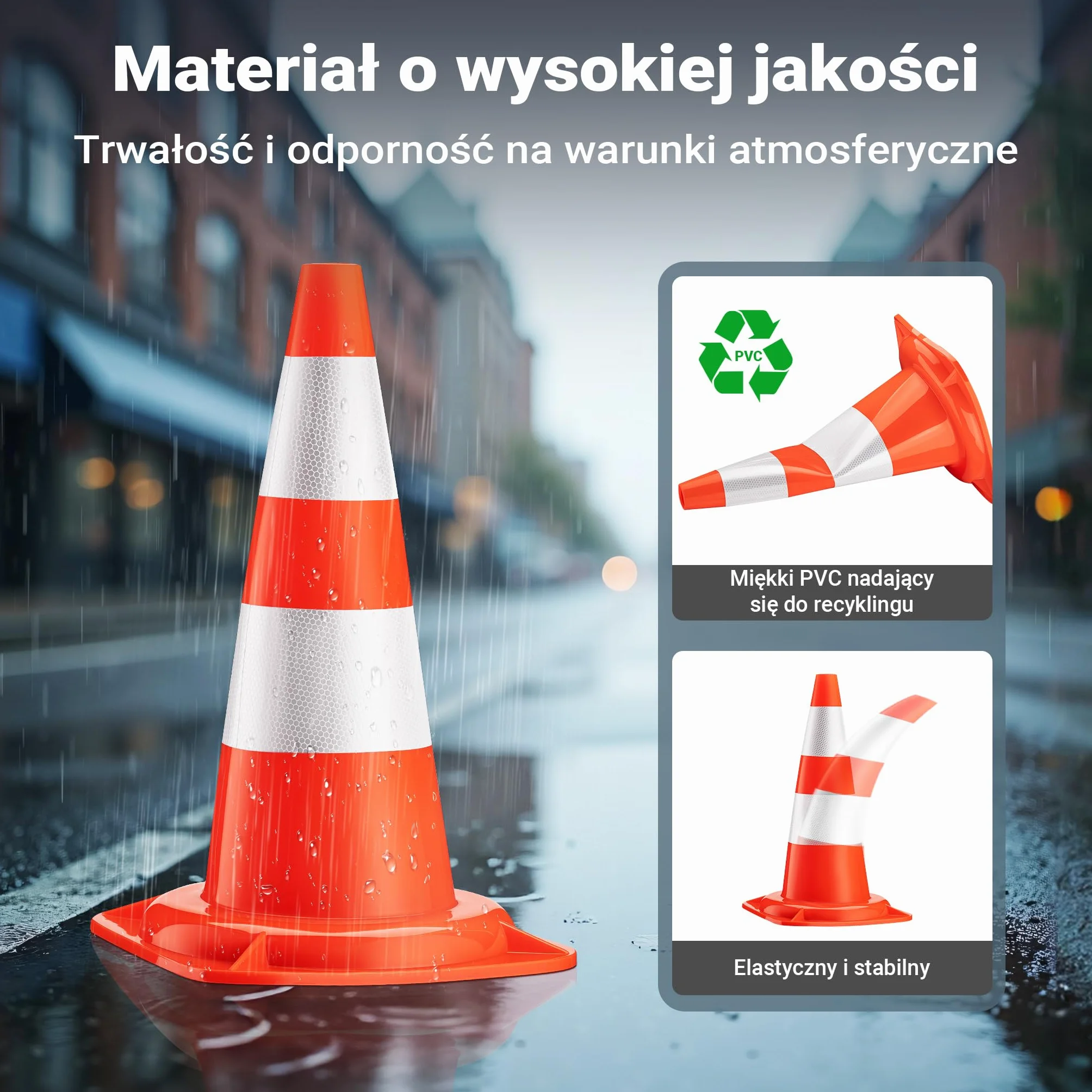 Wiltec Pachołek drogowy o wysokości 50 cm, pomarańczowy słupek, odblaskowy stożek ostrzegawczy z PVC do stosowania na placach budowy