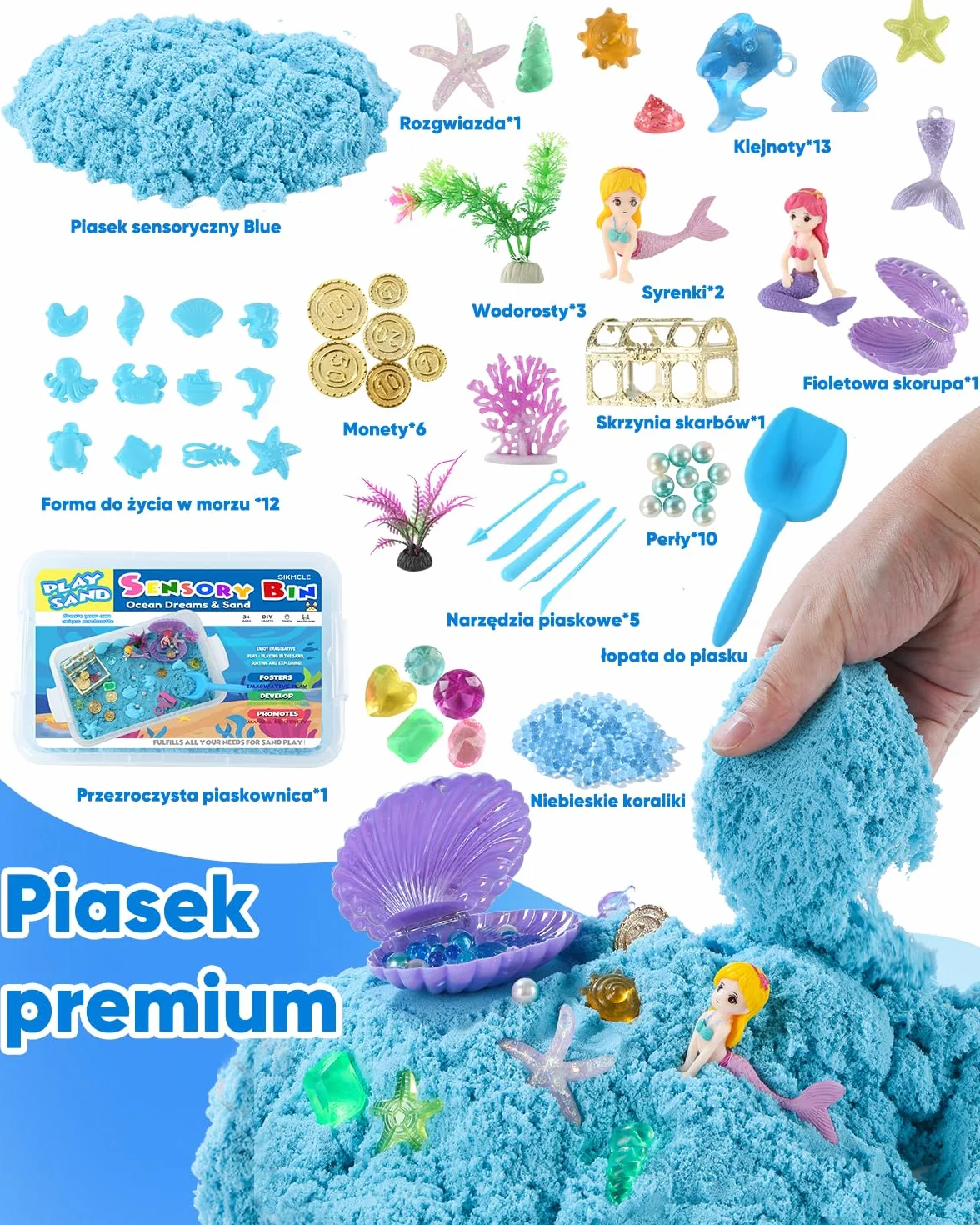 sikmcle Ocean Sensorik Box zestaw do piasku sensorycznego dla dzieci, pojemnik na piasek z pokrywką i akcesoriami z tworzywa sztucznego (muszle, ślimaki, rozgwiazdy)