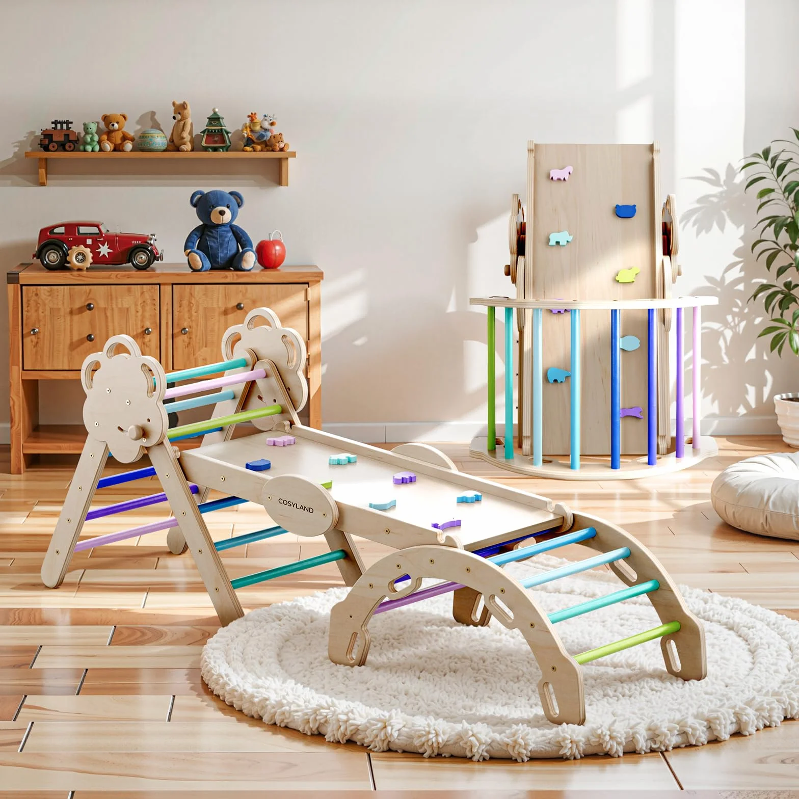 COSYLAND Montessori Rusztowanie do Wspinaczki – Trójkąt ze Zjeżdżalnią, Łukiem i Składaną Konstrukcją, Stabilny Zestaw do Zabawy w Domu dla Dzieci 18M–6L, Duży, Naturalny/Zimne Kolory