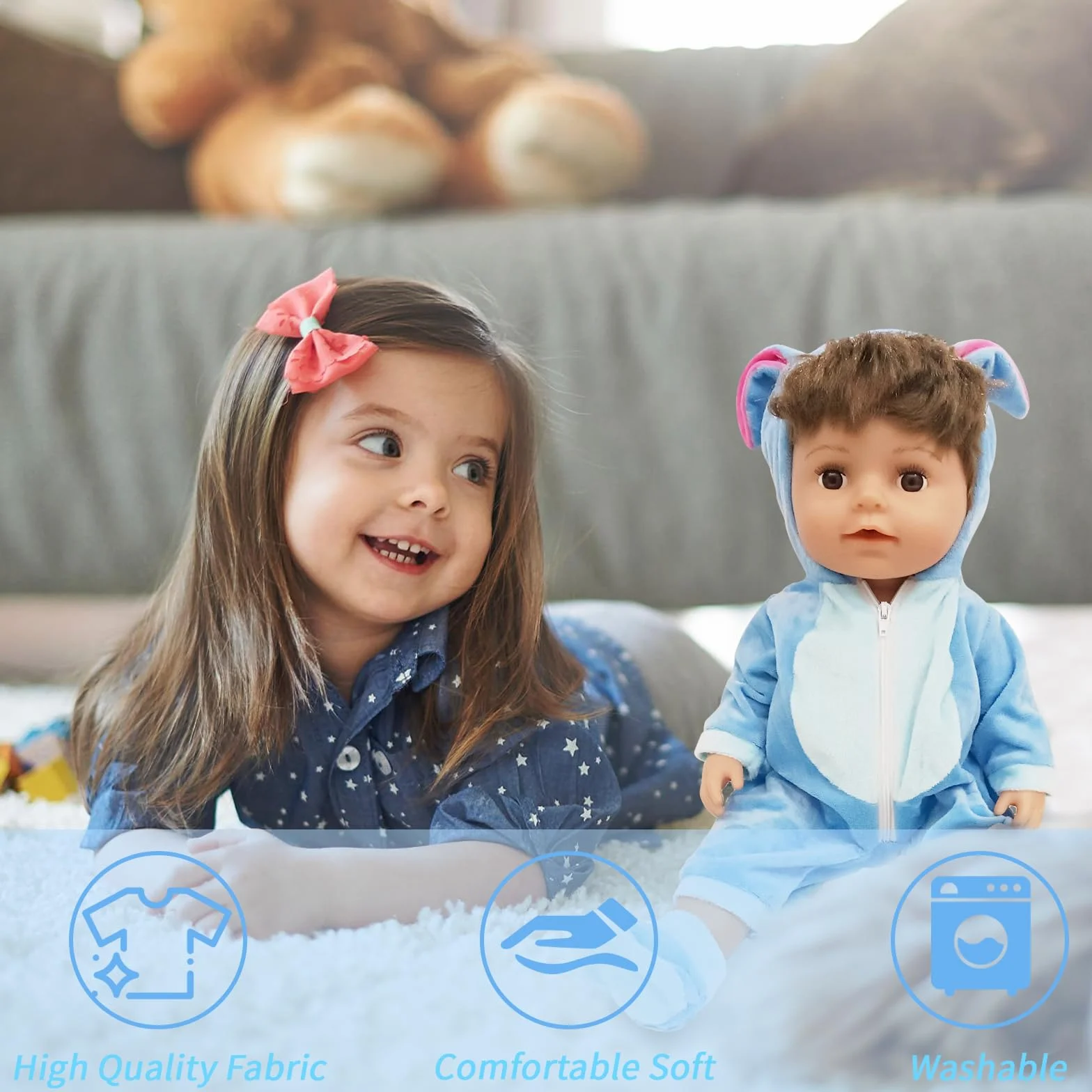 Odzież dla lalek o wymiarach 35-43 cm, w tym skarpetki i plecak, niebieskie stroje, niebieskie ubrania dla lalki New Doll 14-18 cali, prezenty dla chłopców i dziewczynek