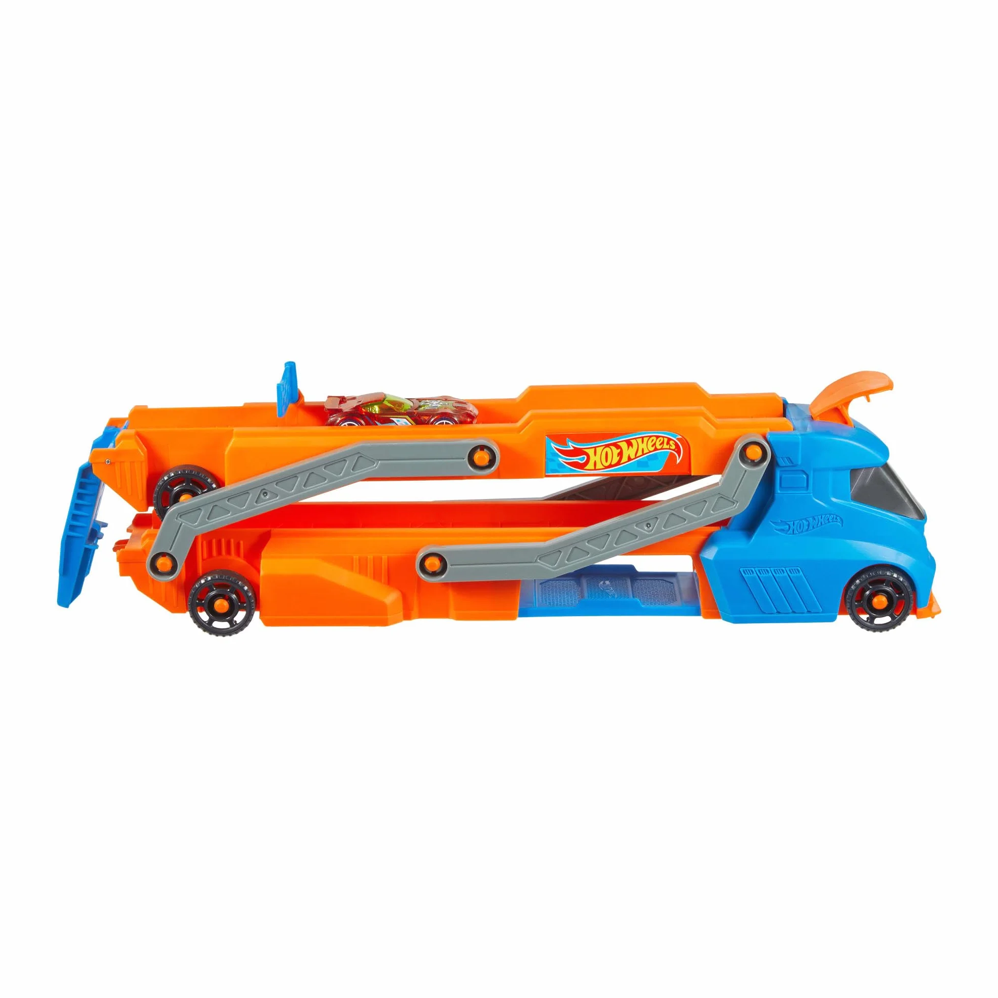 Hot Wheels Miejski transporter Duży pojazd ciężarówka z transformacją w tor wyścigowy (ponad 76 cm) z wyrzutnią, miejsce na 9 aut i 1 samochodzik w skali 1:64, łączy się z innymi zestawami, HYT83
