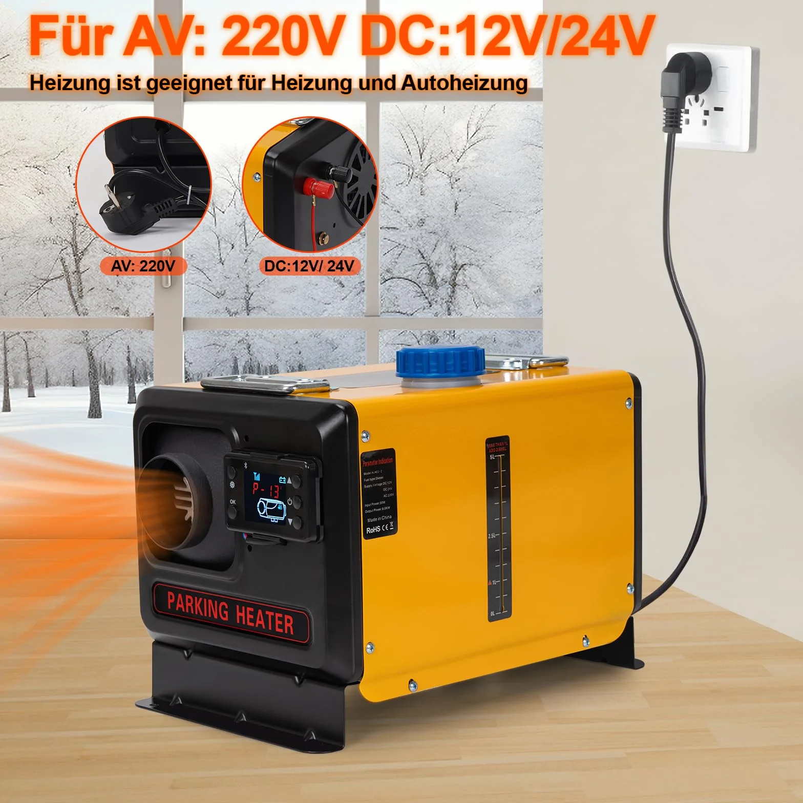 Przenośne ogrzewanie na olej napędowy 8 kW 12V/24V DC 220V AC z ekranem LCD i sterowaniem aplikacją