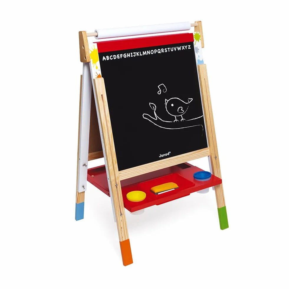Janod Kids Wooden Double Sided Easel ‘Splash’ - Dynamic, Height Adjustable - Magnetic Whiteboard + Chalk Board - Including 13 Accessories - From 3 Years Old, J09611