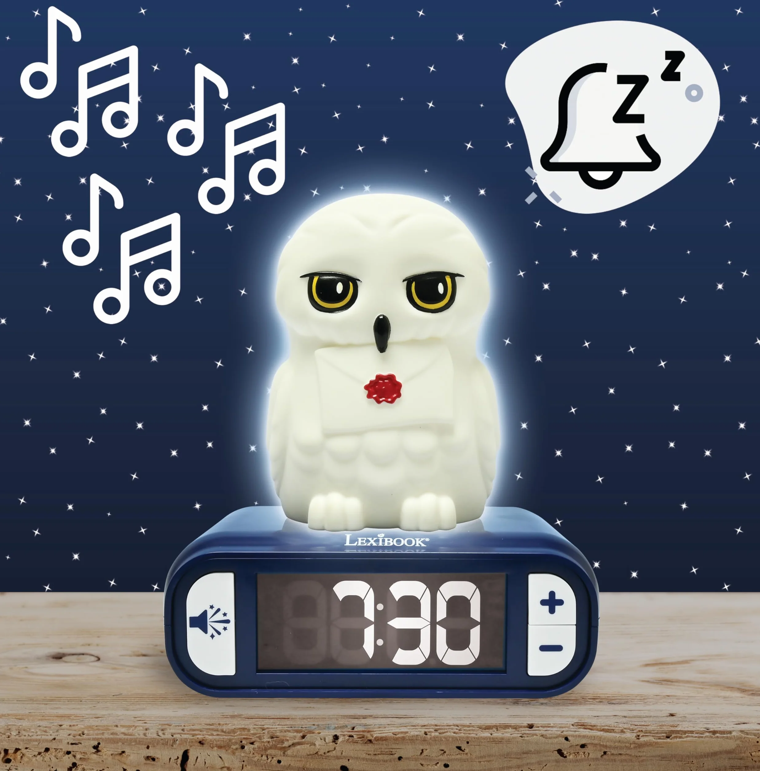 Lexibook, Hedwig Budzik Nocny, Dźwięki i Melodie, Podświetlany Ekran LCD, Świecący, Drzemka, Biały, Niebieski, Mały