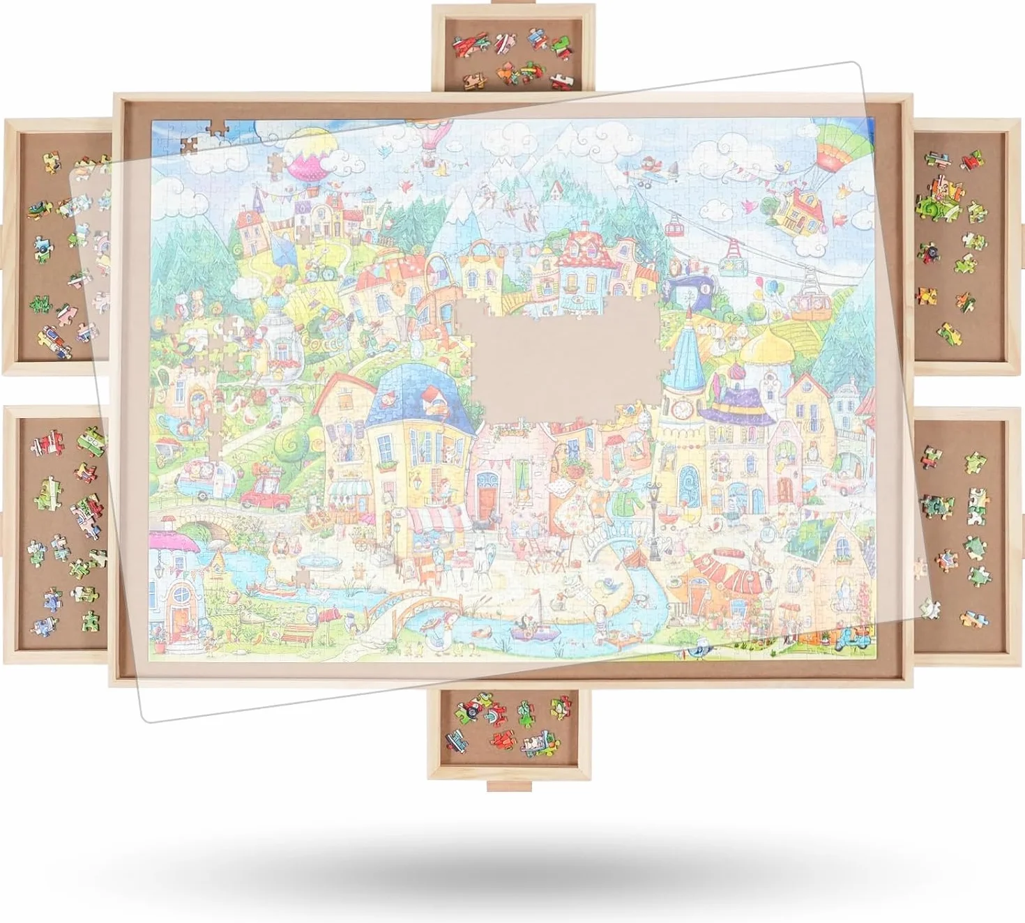 2000 elementów, obrotowa deska puzzli z 6 szufladami i pokrywą, 72,4 x 102 cm, przenośny drewniany stół puzzle dla dorosłych, Lazy Susan Spinning Puzzle Deski dla mamy
