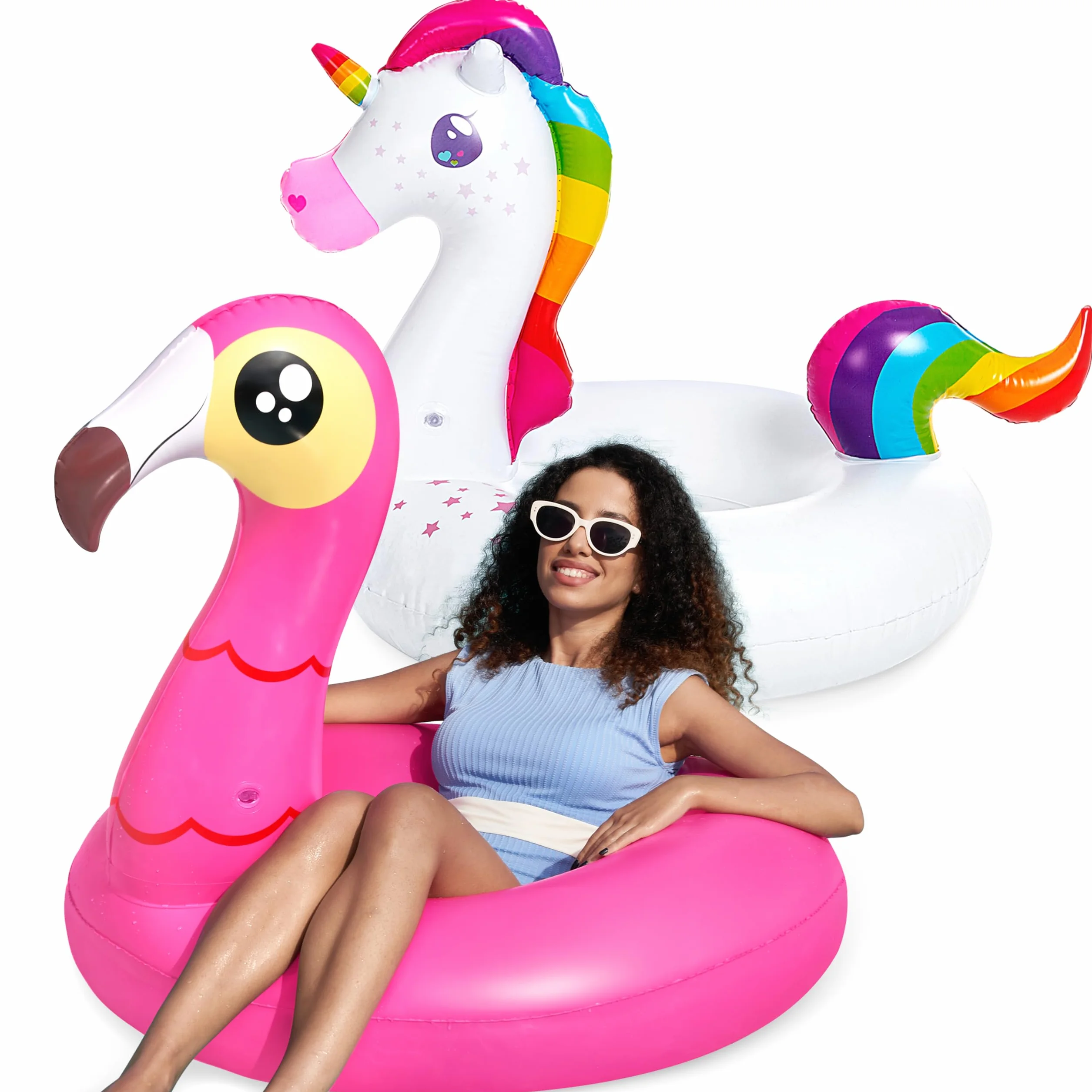 JOYIN Zestaw 2 dmuchanych materacy dmuchanych jednorożców i flamingów z brokatem, pływające zwierzątko, dmuchany materac na plażę, basen, zabawka, dekoracja na imprezę letnią dla dzieci (102 x 99 cm)