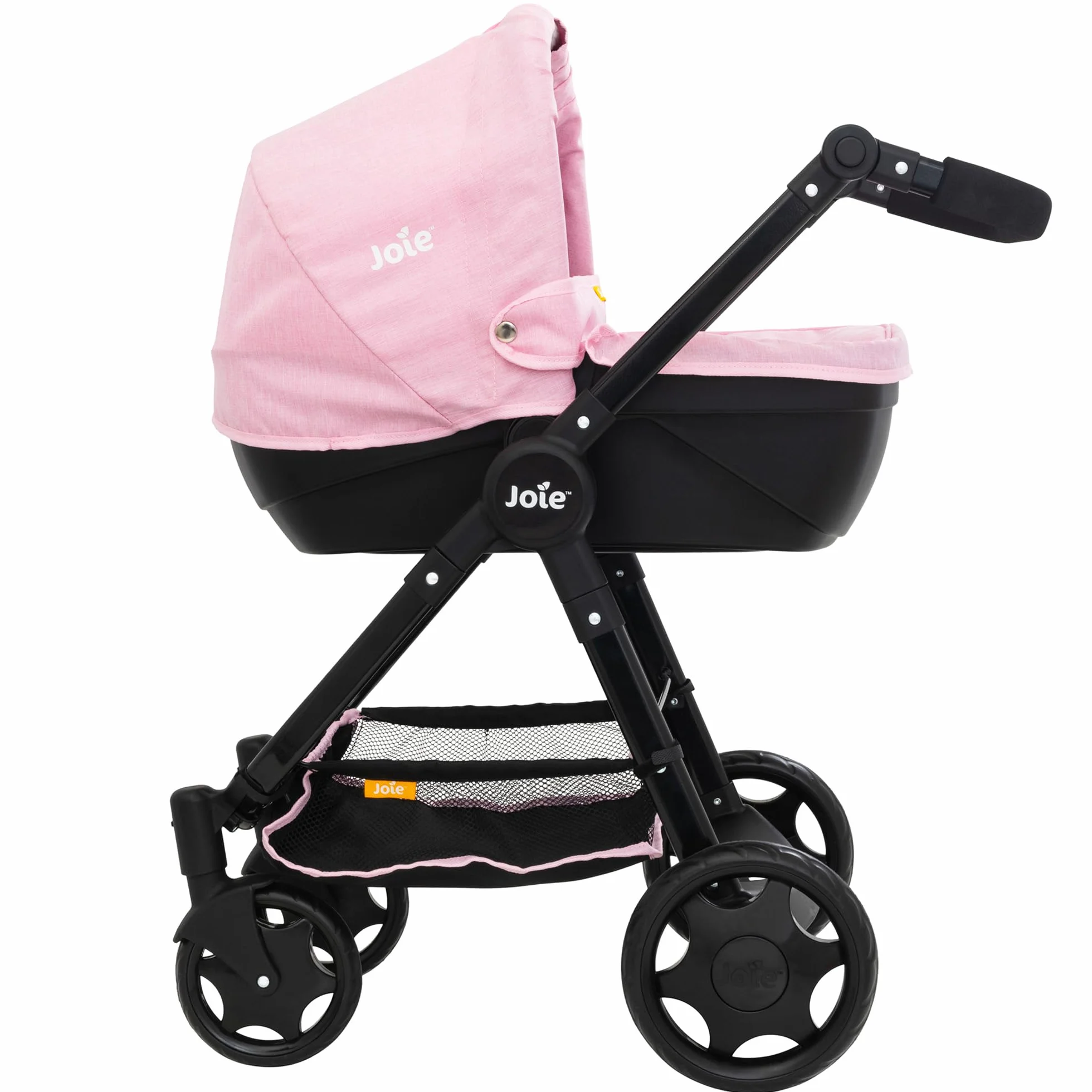 Joie Junior Mytrax Wózek dla lalek, pojedynczy, z odpinanym łóżeczkiem, pasująca torba do przewijania i schowek pod siedziskiem, system podróżny, czarnym i różowy, regulowana wysokość uchwytu, wiek 3+