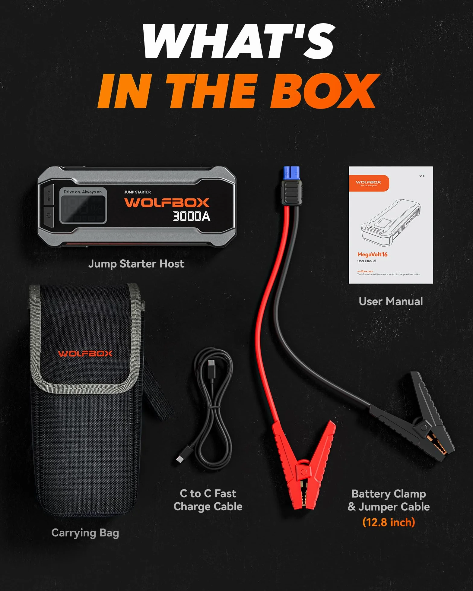 WOLFBOX Jump Starter 3000 A 12 V 65 W do silnika wysokoprężnego 8 l 6 l z kablem rozruchowym i światłem LED