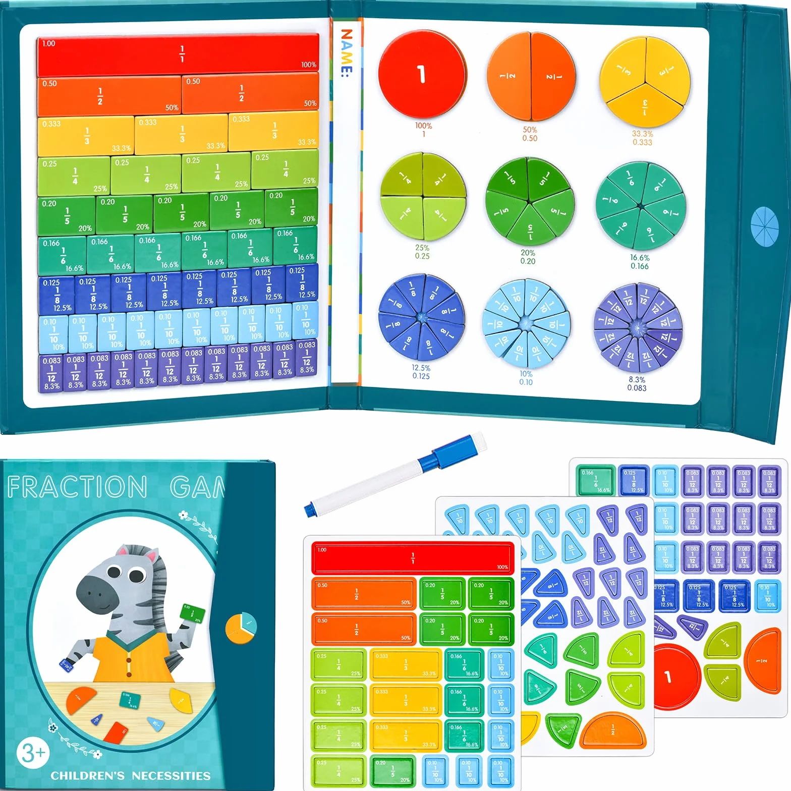 Arytmetyczna zabawka edukacyjna, gracz do gry, gracz ułamkowy, materiał magnetyczny, magnetyczna część ułamkowa puzzle