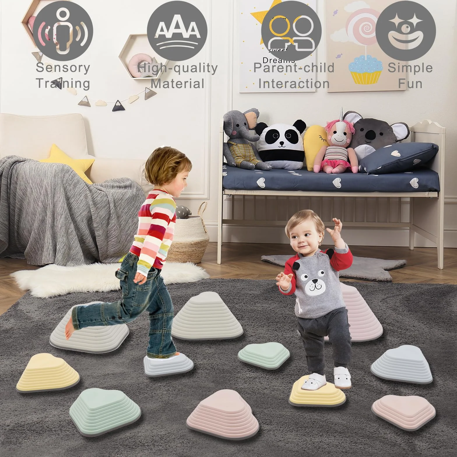 11 kamieni do równowagi dla dzieci, psychomotoryczne, stepping stones, antypoślizgowa, zabawa dla rozwoju równowagi i koordynacji (makaronik)
