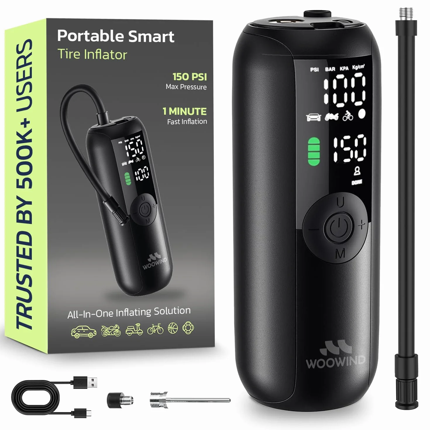 Woowind LP1 Przenośna Sprężarka Powietrza 150 PSI/10.3 BAR, Automatyczne Wyłączanie, Ładowanie USB, LED do Samochodów, Motocykli, Rowerów, Piłek, Adaptery Presta/Schrader