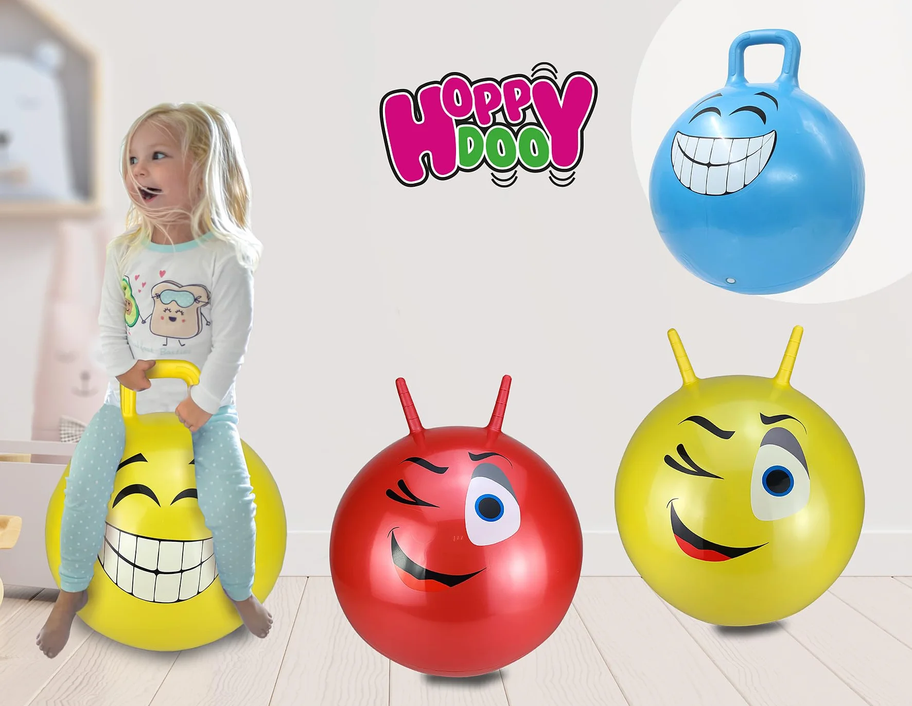 Jamara 460457 piłka do skakania Smile żółta, 450 mm – do 50 kg, wspomaga zmysł równowagi i motoryczne, wytrzymała i łatwa w utrzymaniu
