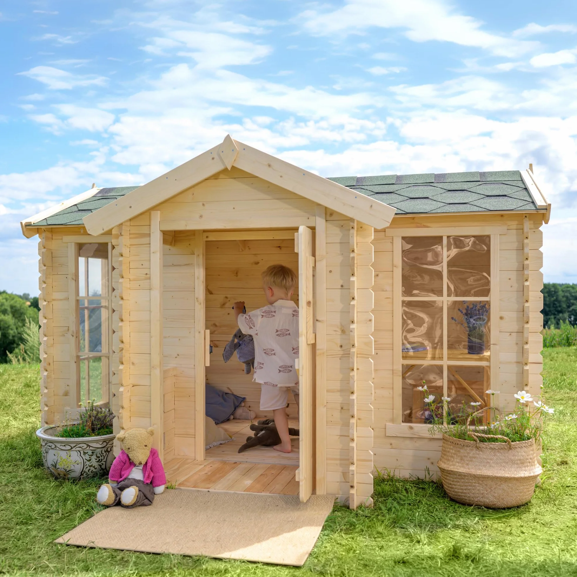 Timbela Domek do zabawy z drewna – domek do zabawy na świeżym powietrzu dla dzieci – szer. 241 x gł. 178 x wys. 151 cm / 2,63 m2 domek ogrodowy do zabawy z werandą – domek ogrodowy dla dzieci M520