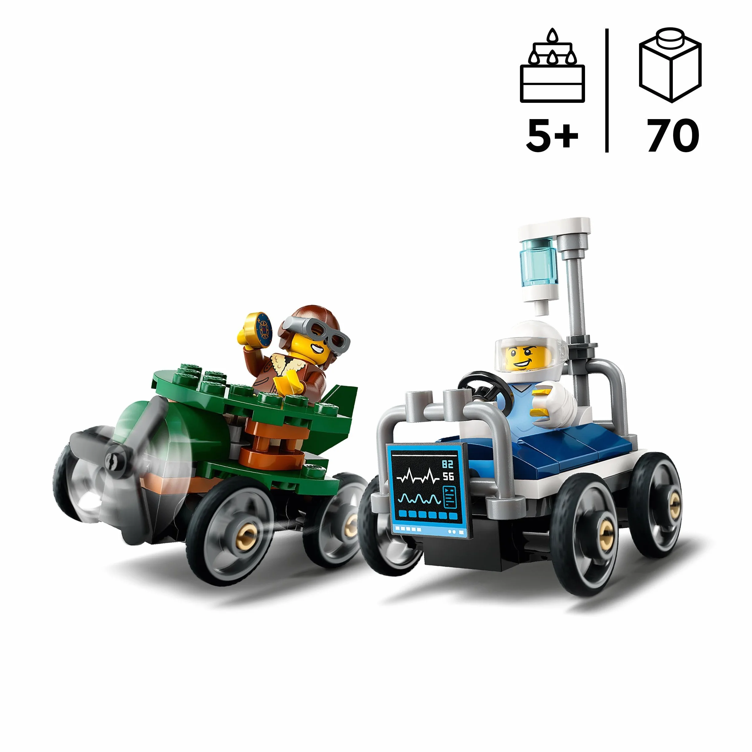 LEGO City Zestaw Wyścigówek: Samolot Kontra Łóżko Szpitalne, Konstrukcyjna Zabawka dla Dziecka do Zbudowania, Pojazdy z Minifigurkami, Kreatywny Prezent dla 5-latka, dla Chłopca i Dziewczynki, 60459