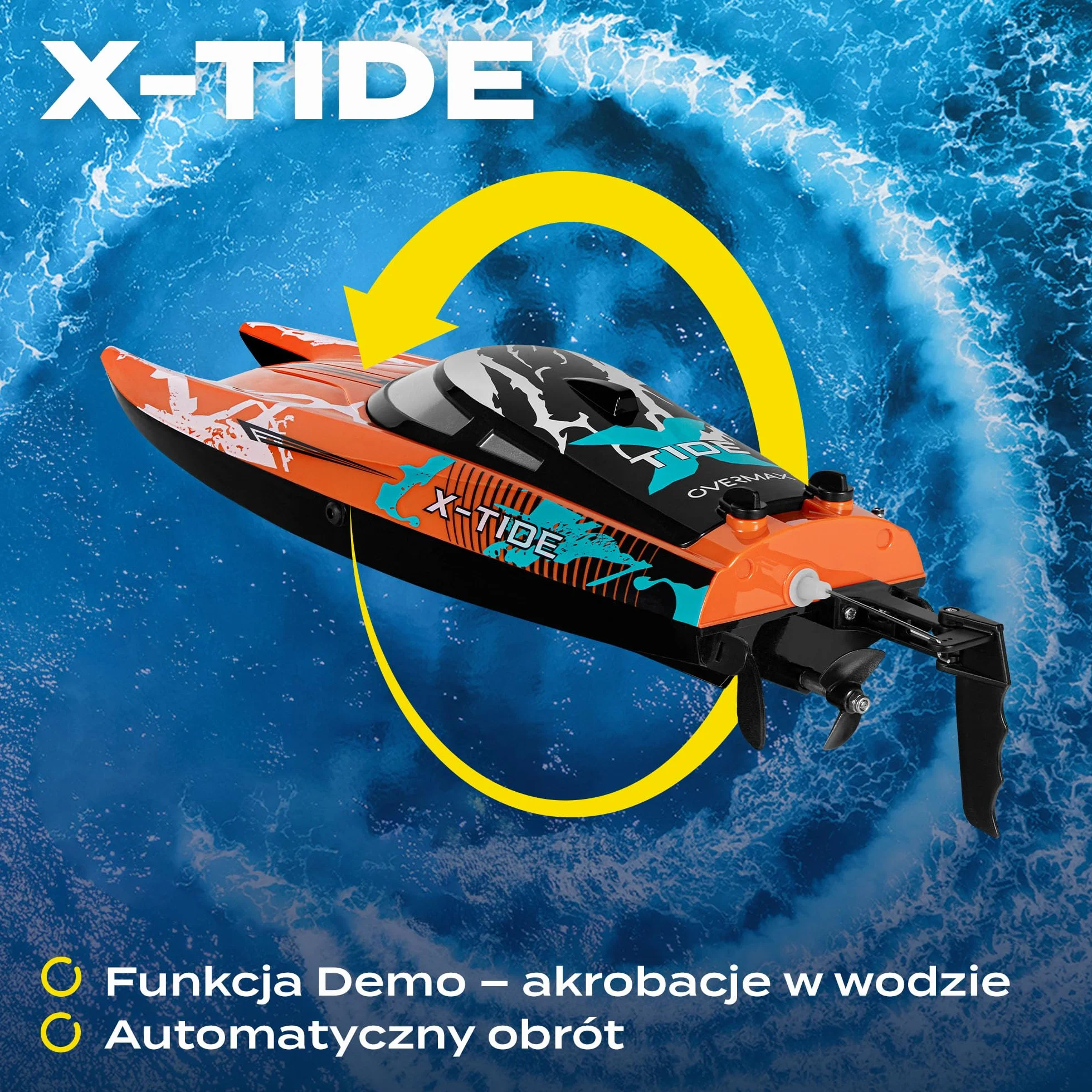 Overmax X-Tide zdalnie sterowana łódź wyścigowa RC-Speedboat z akumulatorem LED 25 km/h 1200 mAh, 34 minuty, regulacja prędkości, zasięg do 100 m, zabawka na basen i morze