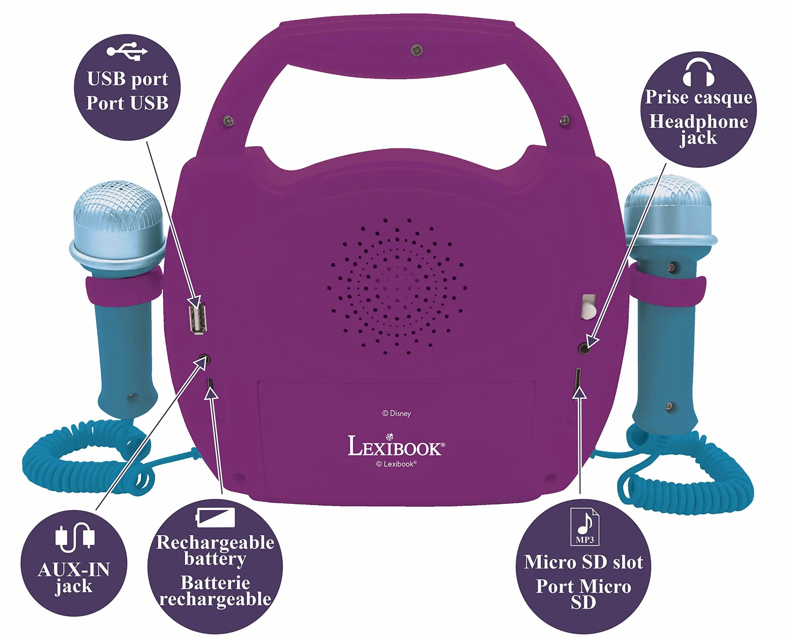 Lexibook, Frozen, Przenośny Odtwarzacz Cyfrowy Karaoke dla Dzieci, Mikrofony, Efekty Świetlne, Bluetooth, Funkcje Nagrywania i Zmiany Głosu, Fioletowy, MP320FZZ