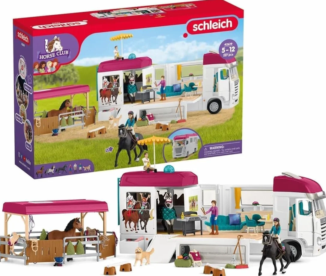 schleich HORSE CLUB | Transporter dla koni 42619 | z boksem, 3 końmi, Lisą, jej rodzicami i akcesoriami | idealny prezent dla dziewczynek i chłopców | zabawka z końmi od 5 lat | zestaw 227 elementów
