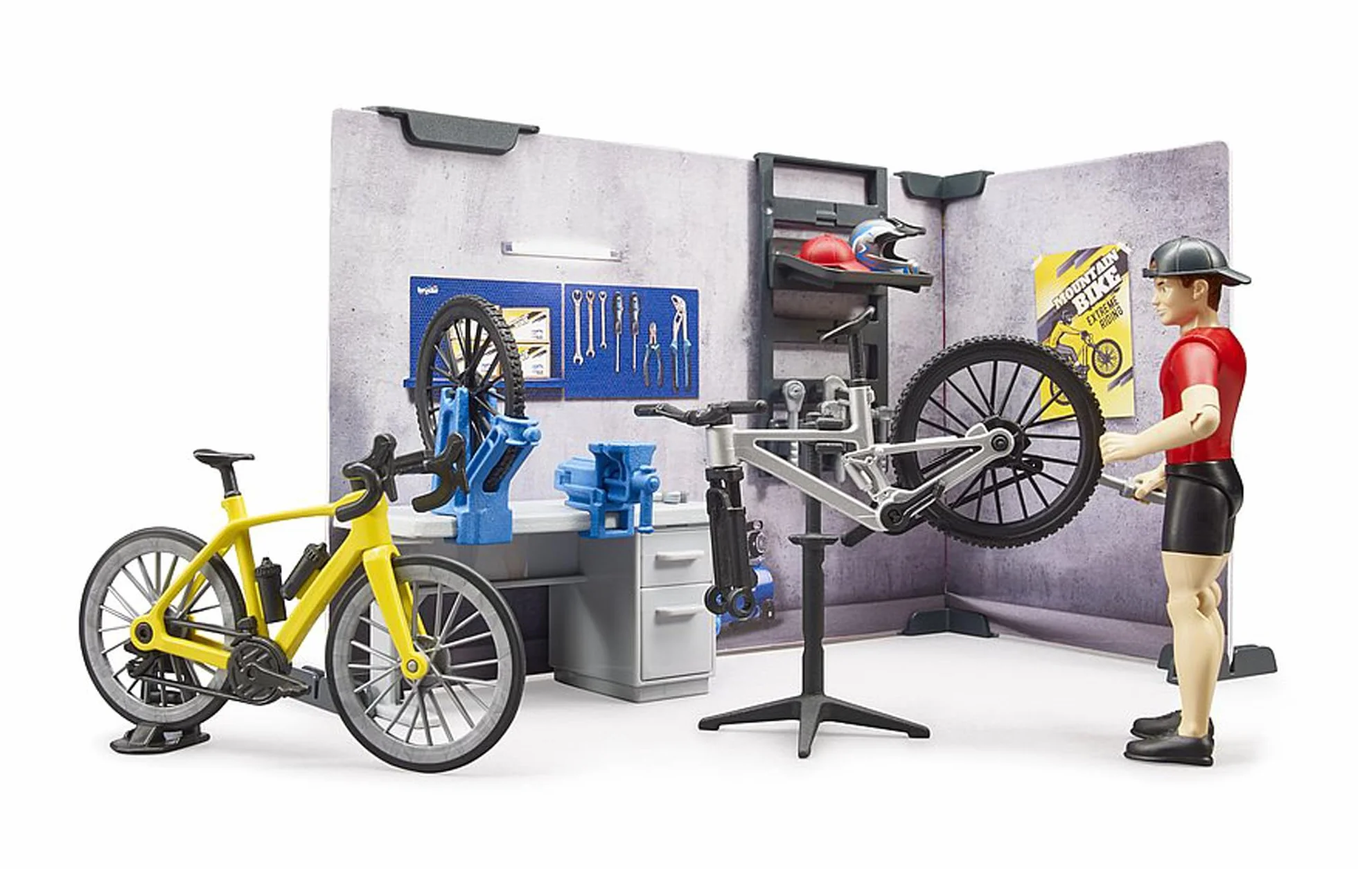 bruder 63120 - sklep rowerowy bworld z rowerami wyścigowymi, rowerami górskimi, warsztatem, sprzętem, narzędziami, ladą sprzedażową