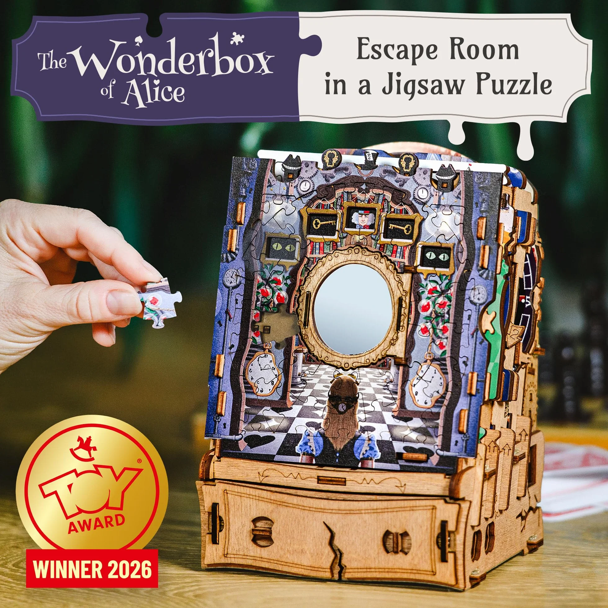 iDventure Cluepuzzle Wonderbox of Alice | gra Escape Room z puzzlami | Alicja w Krainie Czarów 3D | pudełko na prezent | skrzynia skarbów | pudełko na puzzle sekwencyjne | prezent pieniężny | prezent