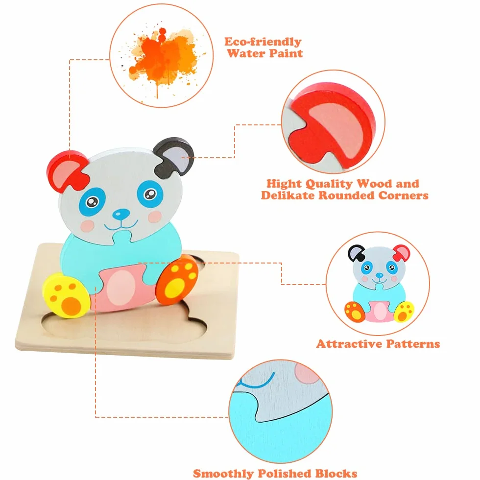 HOTUT Drewniane puzzle, 6 sztuk 3D puzzle ze zwierzętami, zabawki dla niemowląt, zestaw puzzli z numerami kształtu, drewniane puzzle dla malucha, prezent, zabawka edukacyjna, dla dzieci w wieku 1-3