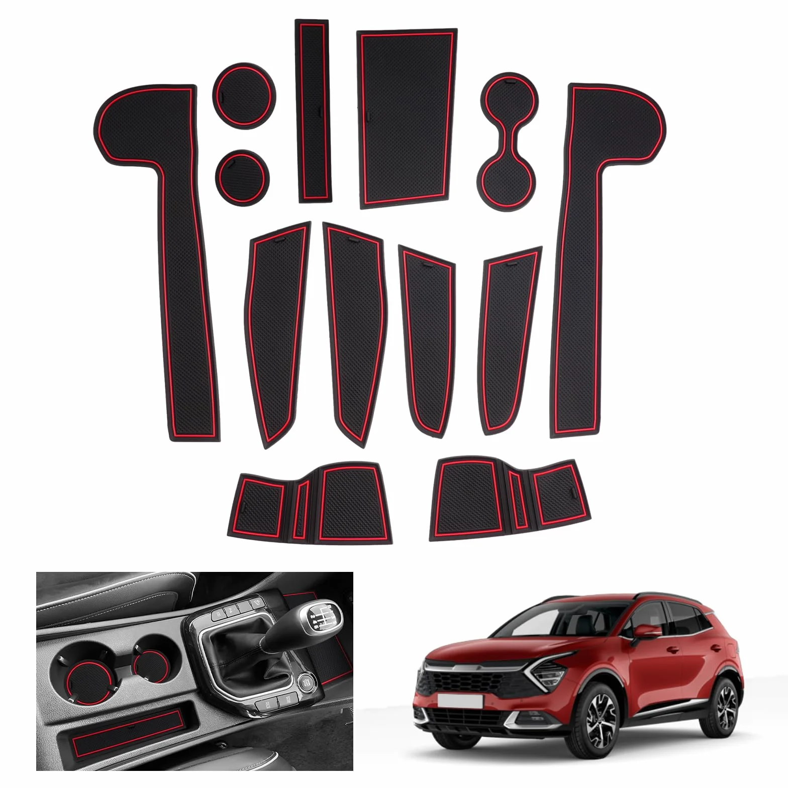 GAFAT Kompatybilne z Kia Sportage NQ5 2022-2024 2025 (Manualna Skrzynia) Maty Antypoślizgowe, Antypoślizgowe Konsoli środkowej, Uchwytu na kubek, Szwów Drzwiowych, Sportage 2024 Akcesoria (czerwony)