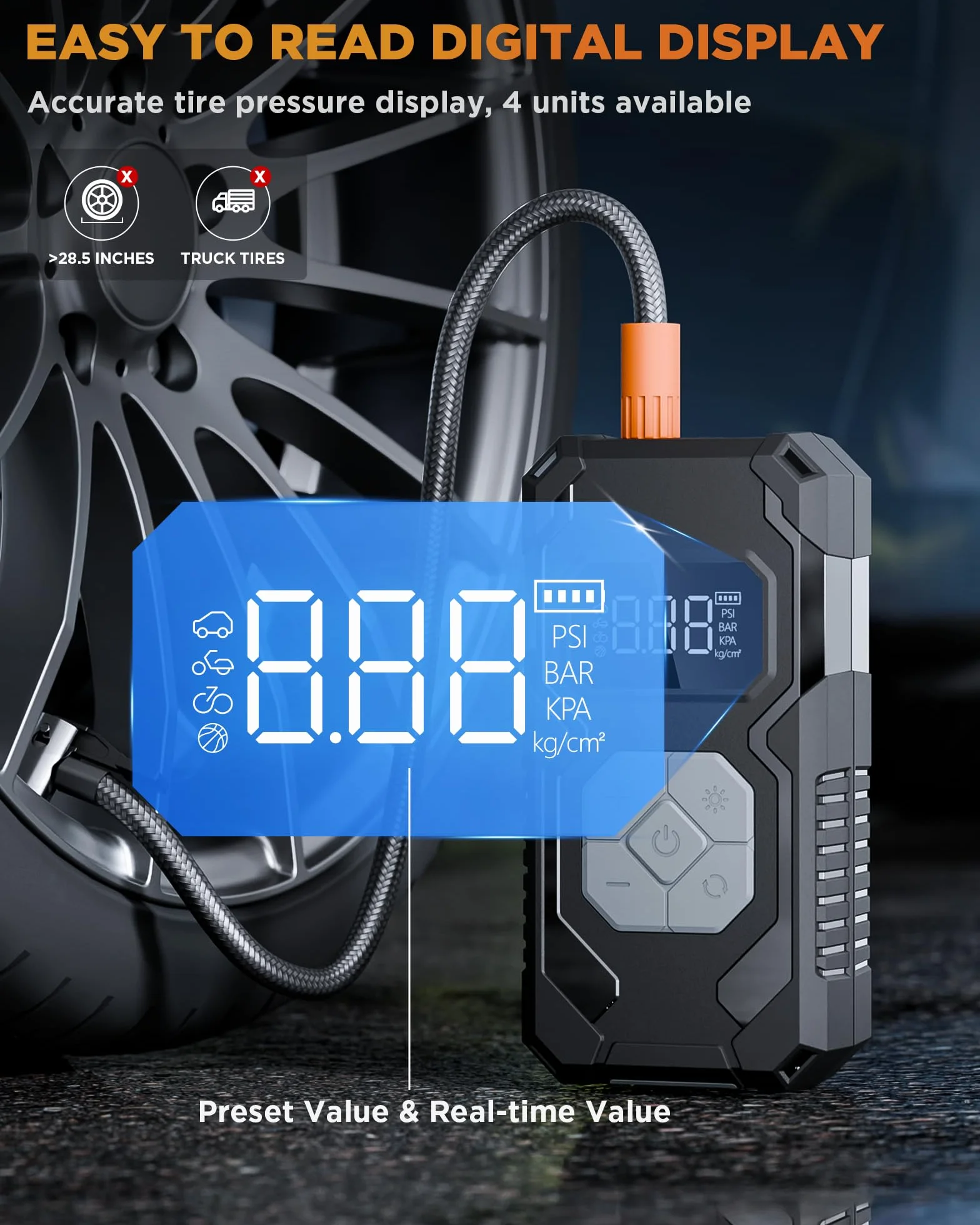 Elektryczna pompka powietrza 15000 mAh i 150 psi, przenośna sprężarka powietrza, kompresor akumulatorowy z manometrem, pompka rowerowa do wielokrotnego ładowania, do samochodu, roweru, motocykla,