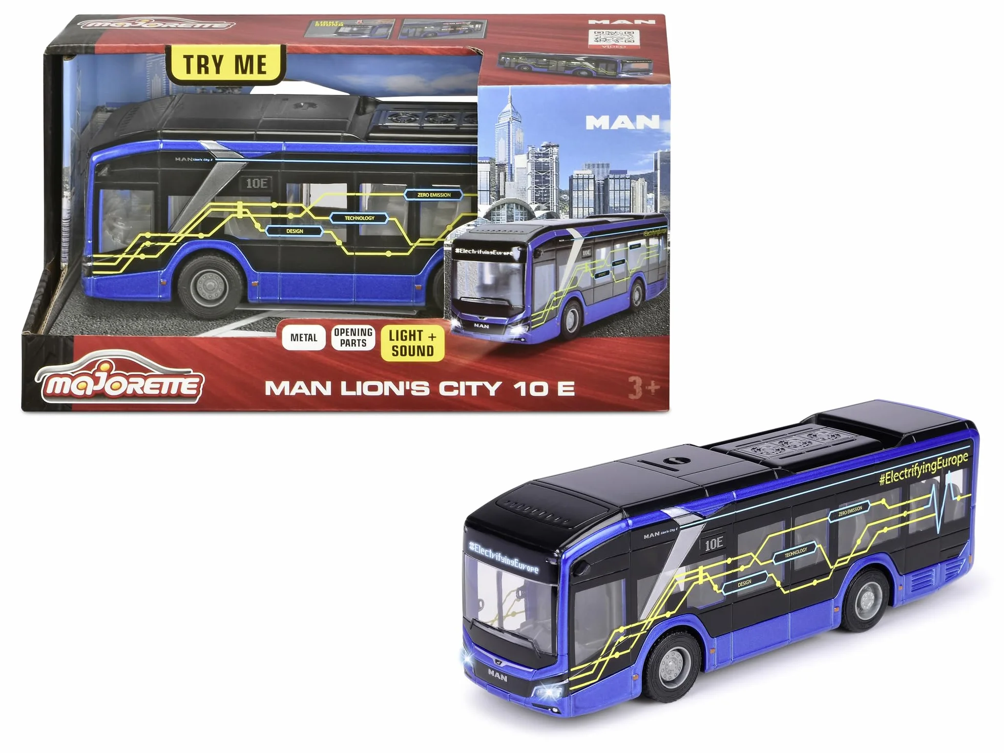 Majorette 213743008 Seria Grand: metalowe, wytrzymałe pojazdy dostępne w większym wydaniu, Autobus MAN Lion z funkcją światła i dźwięku w skali 1:43, długość 22,5 cm, dla dzieci od 3 lat