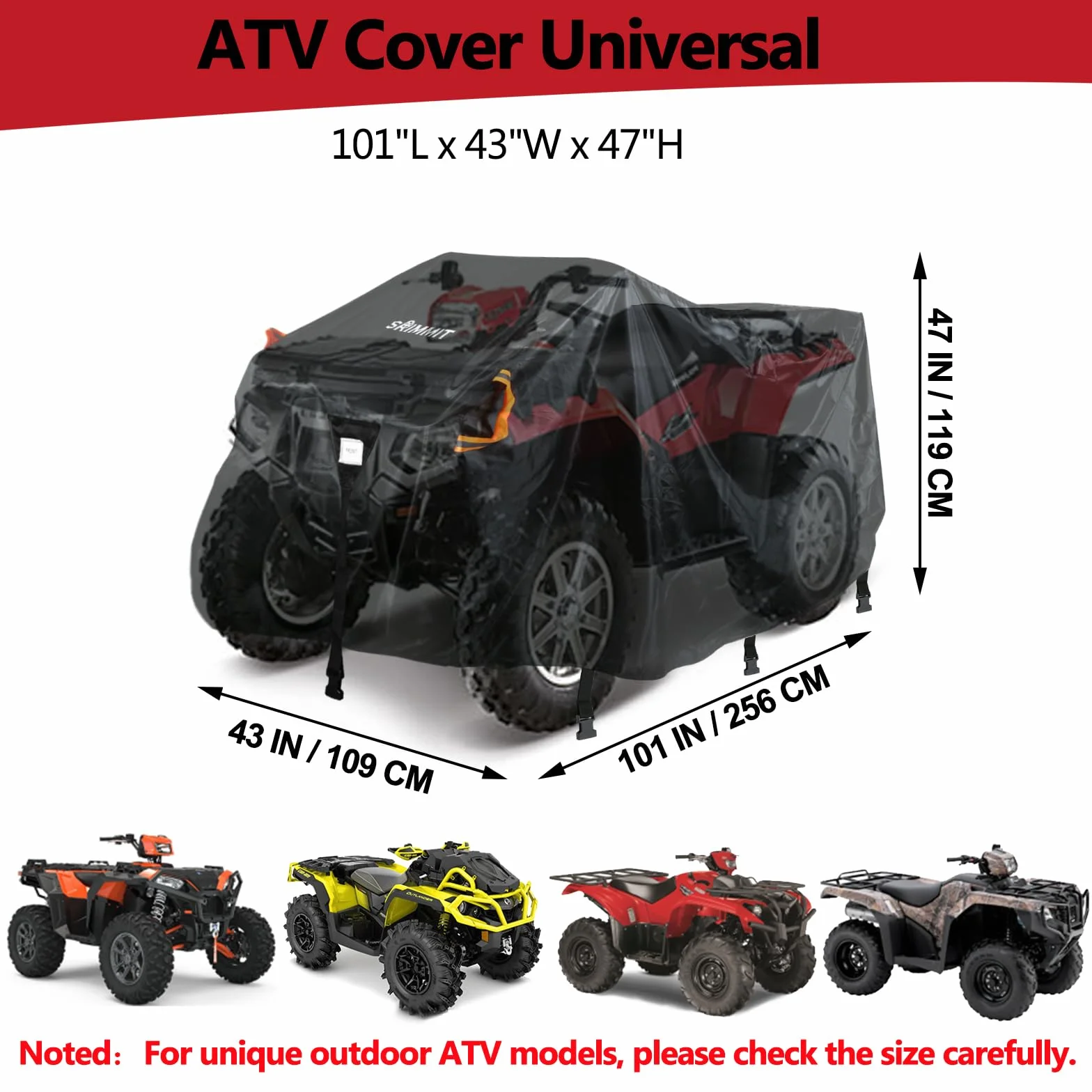 Ulepszona osłona ATV, wytrzymała osłona na 4 koła, wodoodporna, na zewnątrz, na quada, na każdą pogodę, pasuje do Kawasaki, Honda,Polaris,Yamaha, arktycznego kota i innych akcesoriów do（256X109X119CM）