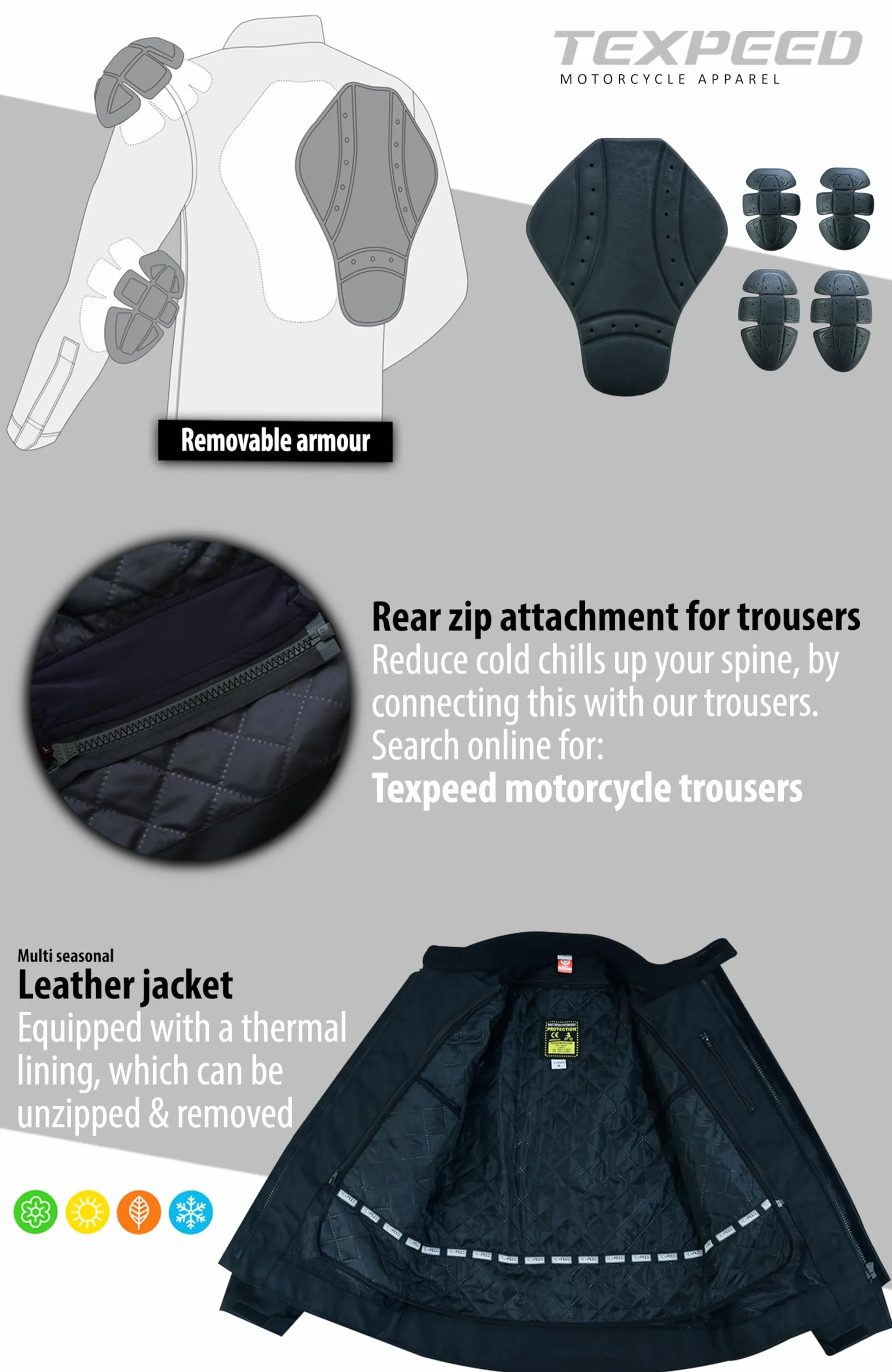 Kurtka motocyklowa męska skóra z pancerzem - Z prawdziwą ochroną CE Armor rowerzysta (EN 1621-1) - 4 sezony/zimowa/Lato - Texpeed - Czarny - L