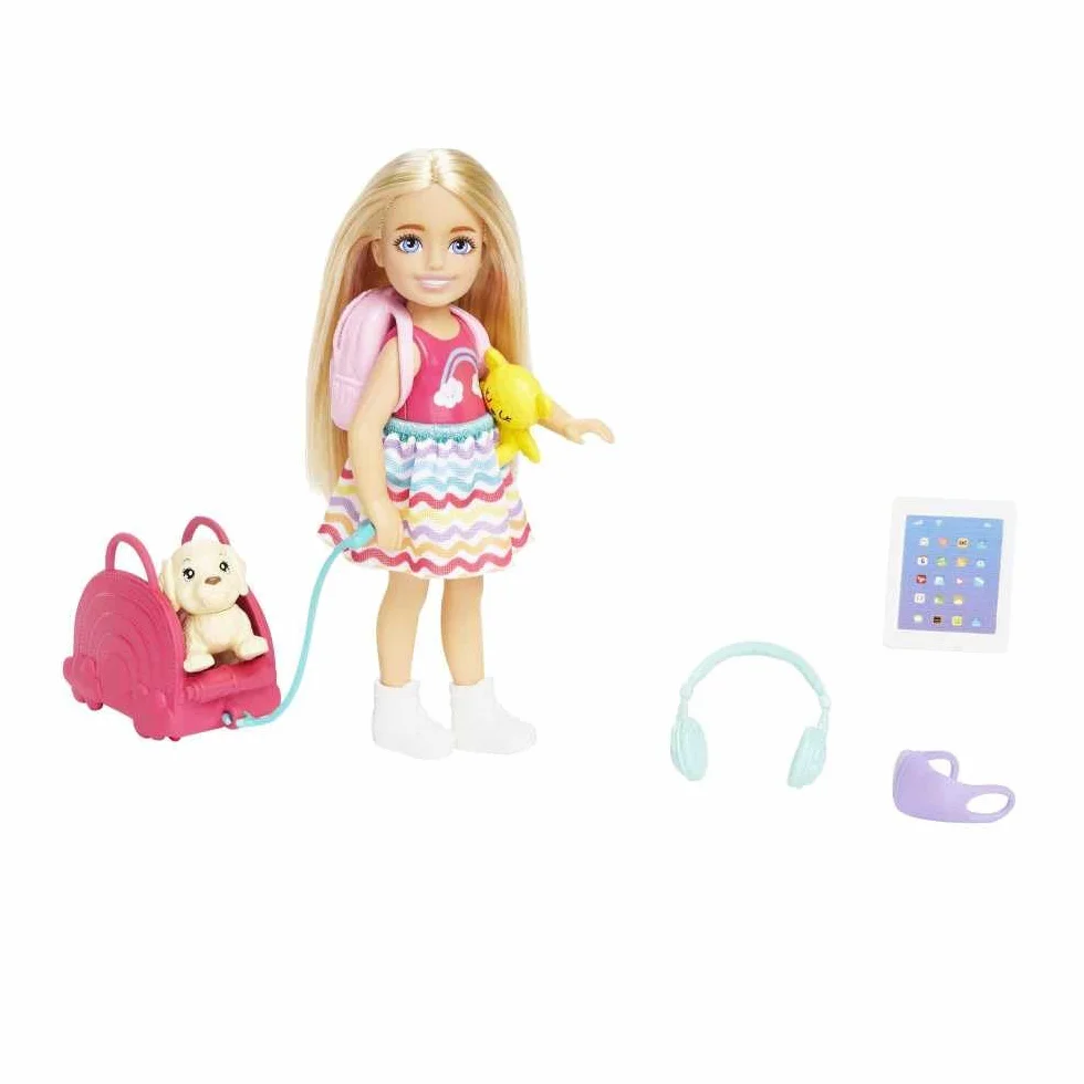 Barbie Chelsea Small Doll & 6 Accessories, Travel Set with Puppy, Pet Carrier & Backpack that Opens & Closes, Blonde Hair, HJY17