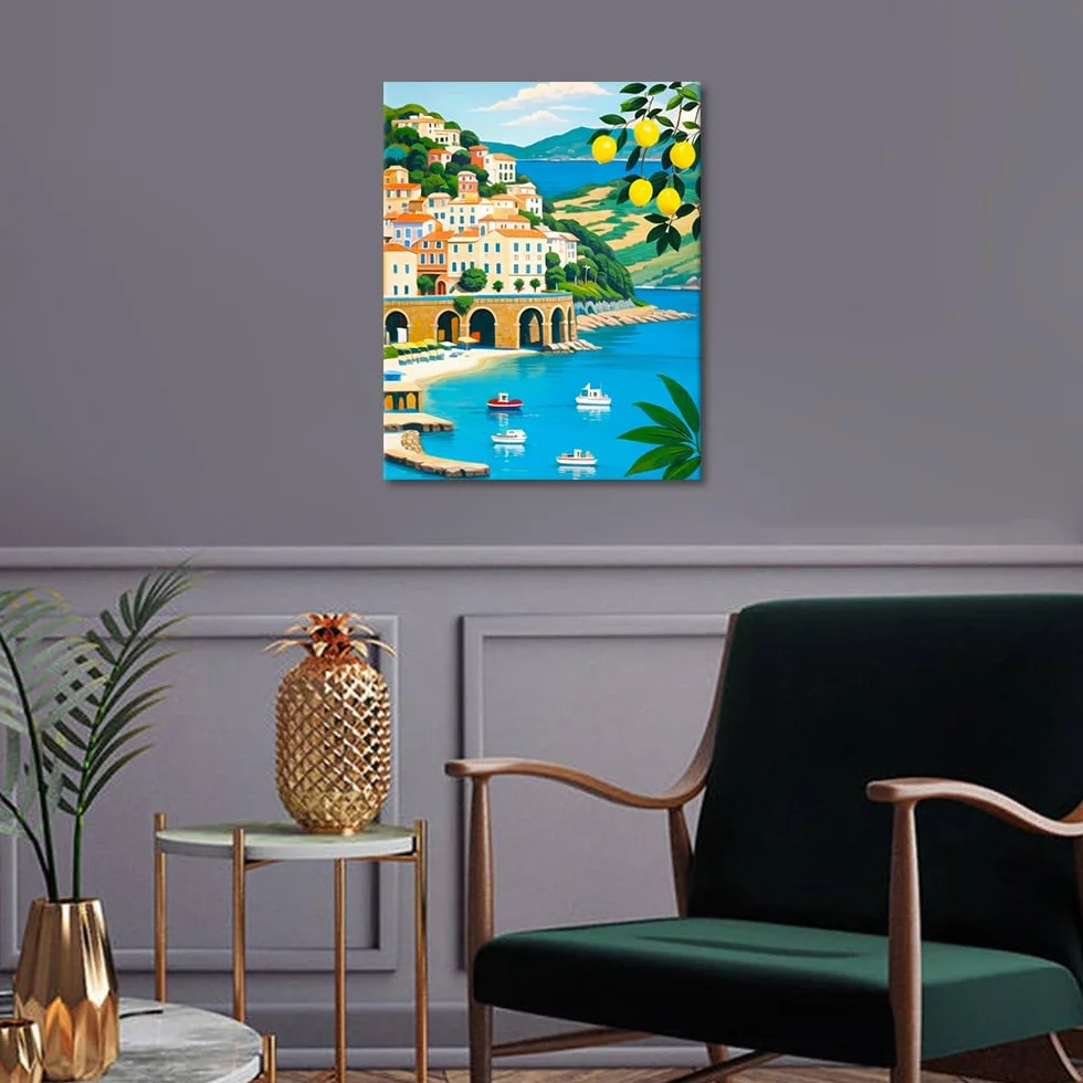 TISHIRON Malowanie według liczb, dla dorosłych Atrani, cytryny, Amalfi, wybrzeże, na płótnie, olej, rzemiosło artystyczne, dla dorosłych, dzieci, 40 x 50 cm