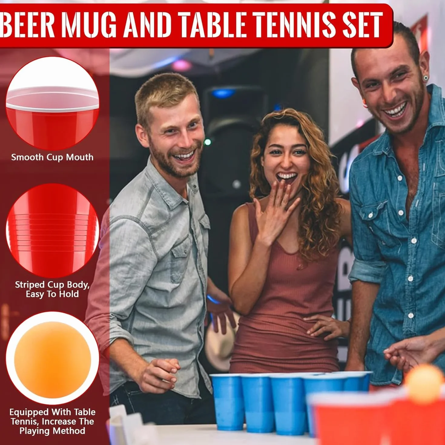 Bierpong Becher Set, 500ML Beerpongbecher Enthält 50 Becher und 12 Tischtennisbälle, Beer Pong Becher, Wiederverwendbare Partybecher für Weihnachten Party Geburtstag Festivals Camping