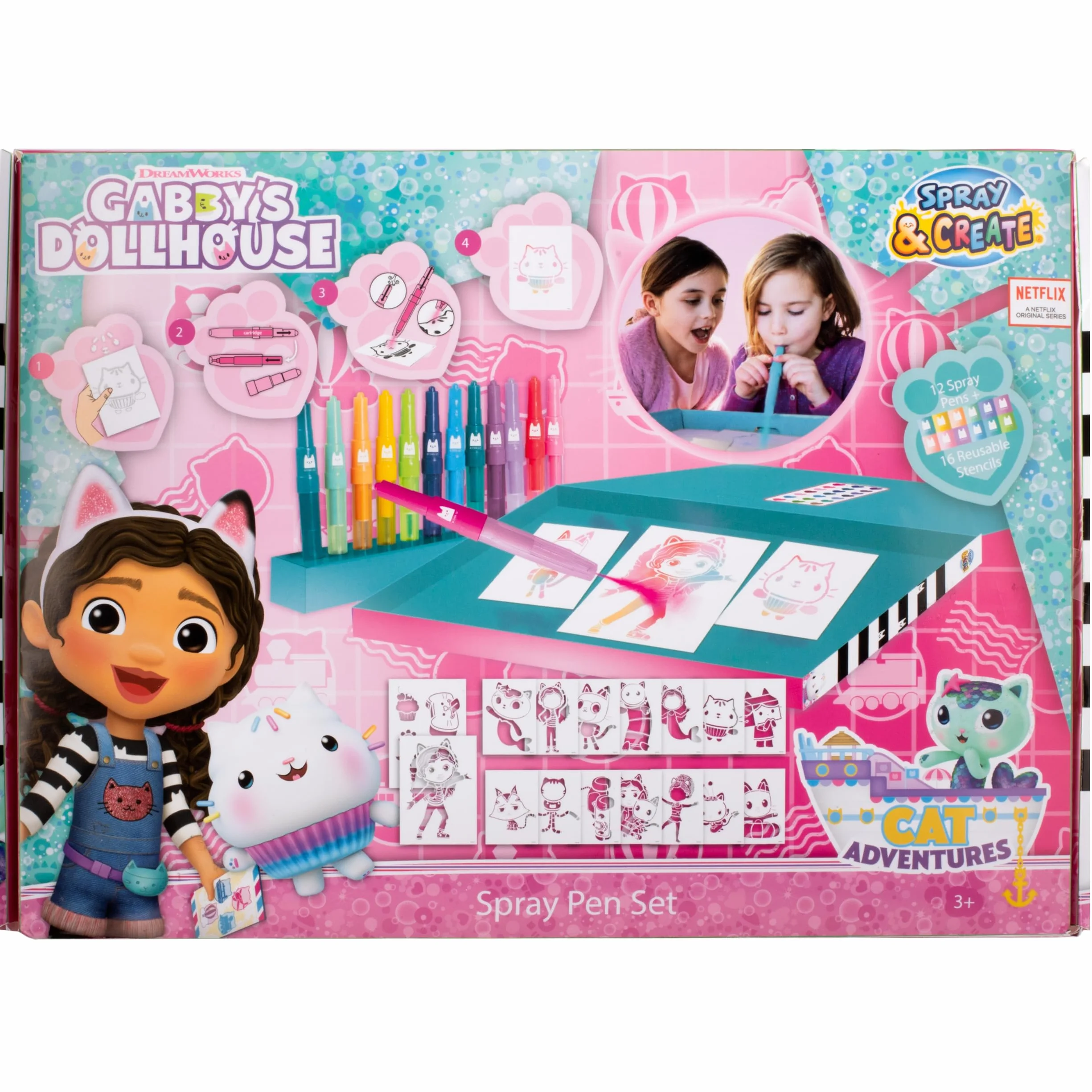 Gabby's Dollhouse - Zestaw pisaków w sprayu – kredki dla dzieci – zestaw do malowania z kolorowymi kredkami i szablonami do malowania, 1 stück (1er Pack), GD23368, wielokolorowa