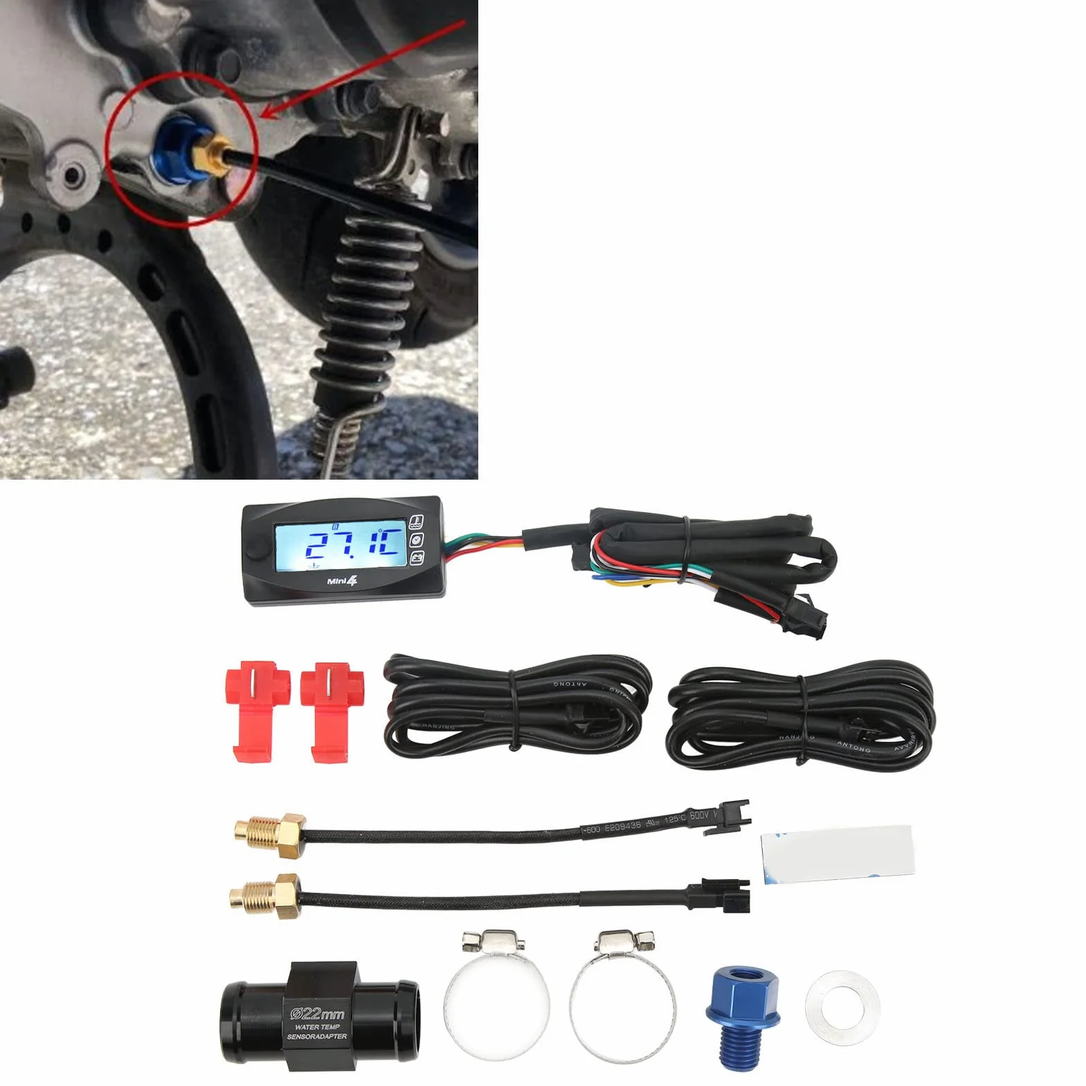 Termometr Motocyklowy, 4 w 1 Temperatura Wodnego Czas Wskaźnik Napięcia LCD Cyfrowy Wyświetlacz DC12V Uniwersalny do Motocykla (M12*1.5)