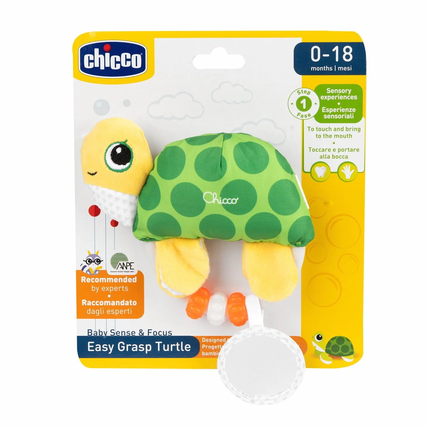 Chicco Łatwy do Chwytania Żółw, Miękka Zabawka dla Niemowląt z Grzechotką, Plastikowym Pierścieniem i Koralikami, Łatwa do Chwytania, Rozwija Umiejętności Dotykowe i Wzrokowe, 0-18 miesięcy