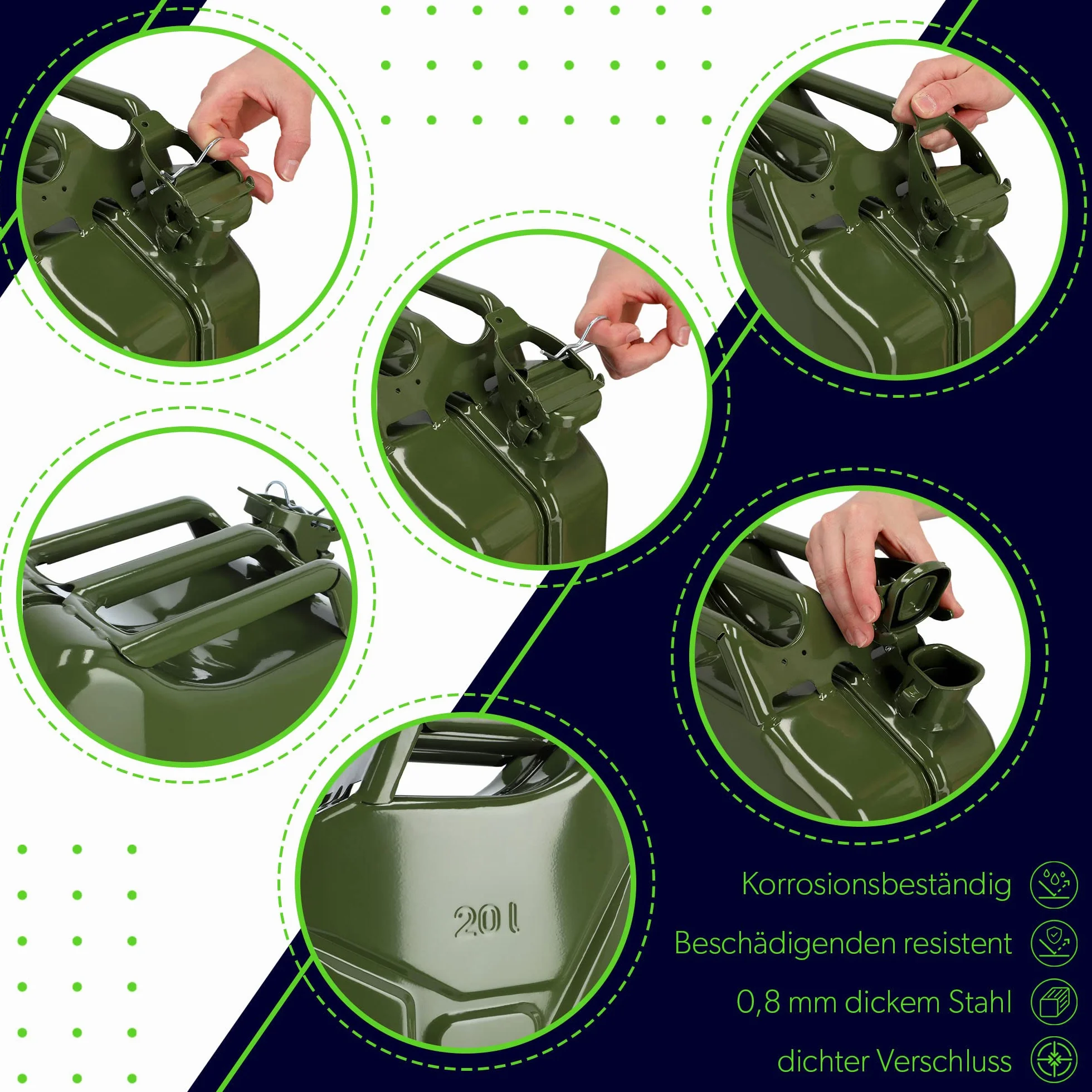 KADAX Kanister na paliwo 20 l, stal 0,8 mm, potrójny uchwyt, zielony
