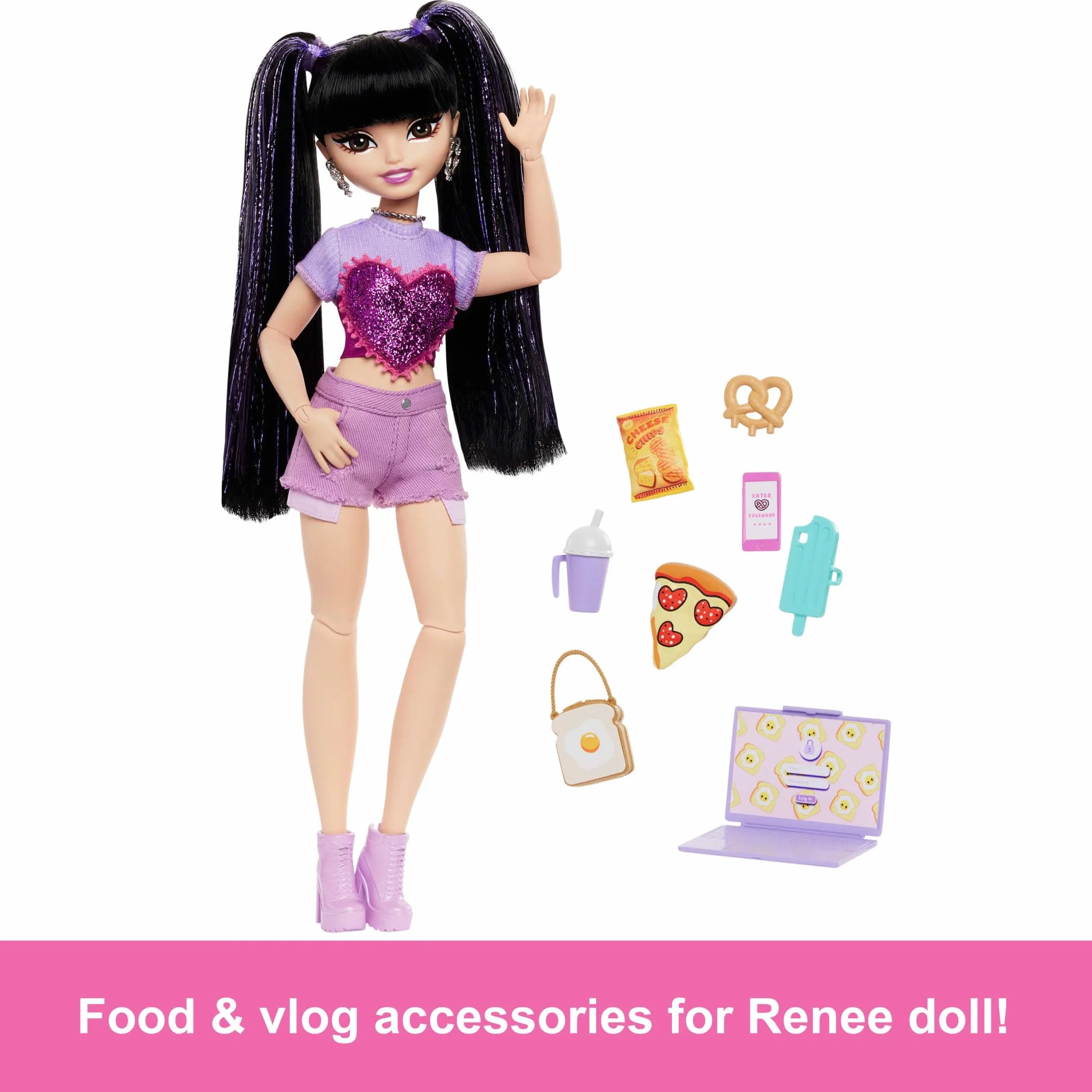 Barbie Dream Besties Lalka modowa Renee do ustawiania w różnych pozach z długimi czarnymi włosami i 8 akcesoriami z motywem jedzenia, HYC24