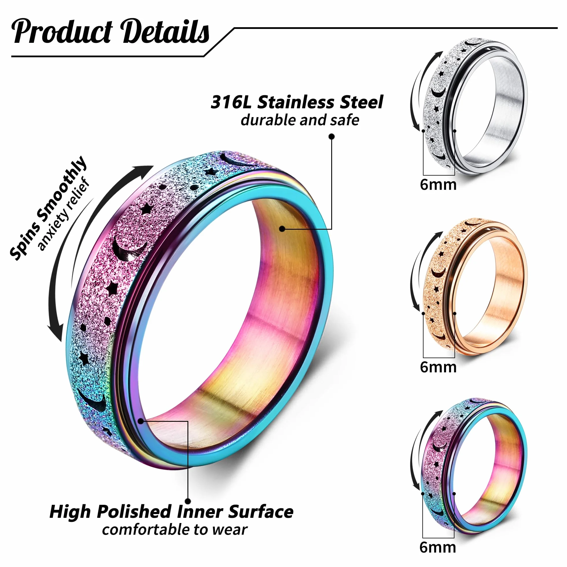 Diamday Pierścienie lękowe Spinner Pierścienie stresowe Lęk Relief Fidget Band Pierścień dla kobiet Mężczyzn Pierścienie ze stali nierdzewnej Przeciwstresowe Księżyc Gwiazda Piasek Blast Wykończenie
