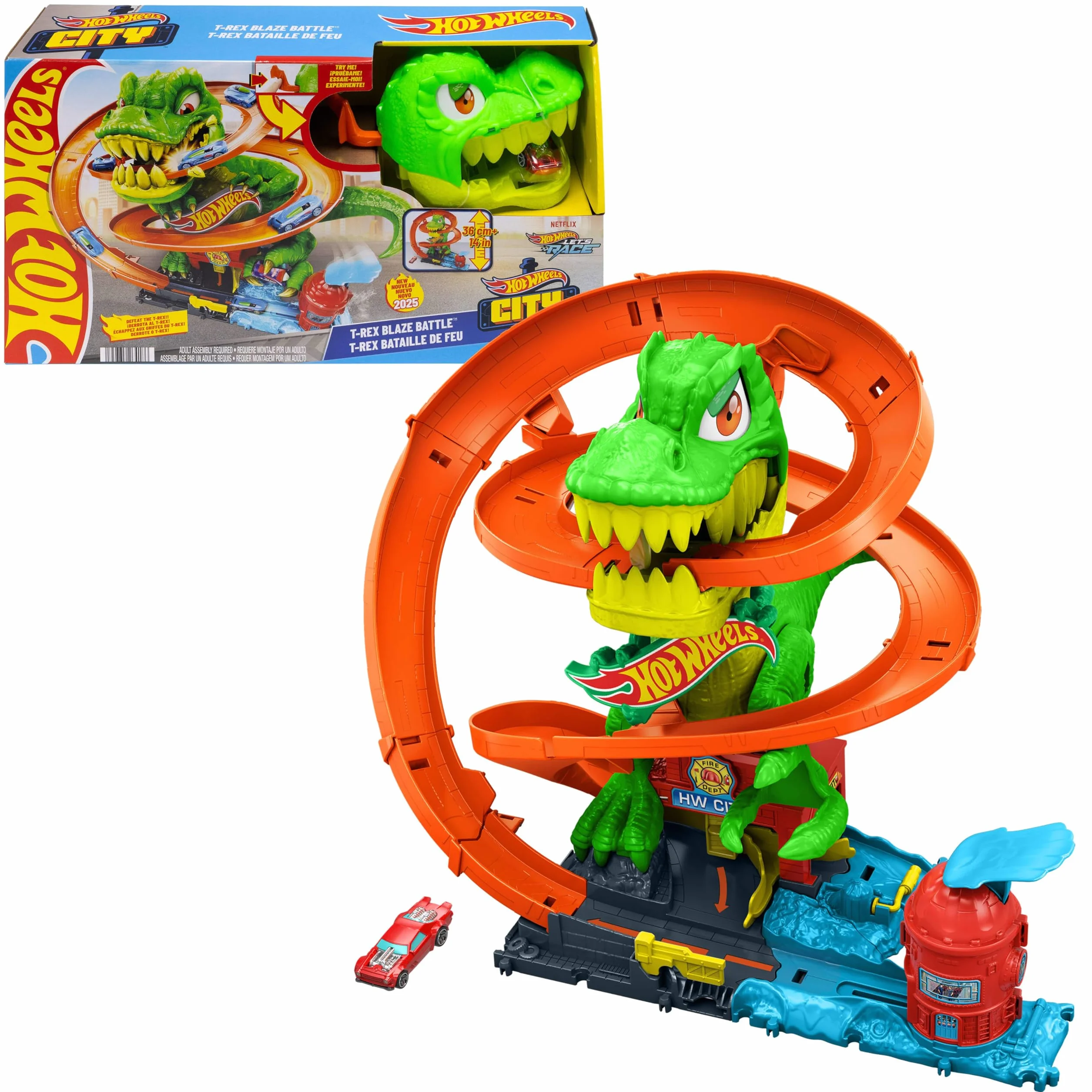 Hot Wheels City Zakręcony tor Remiza T-rexa Zestaw do zabawy (ok. 36 cm), tor samochodowy, dinozaur o ruchomych oczach, metalowe autko w skali 1:64, kilka możliwości zabawy, zabawka dla dzieci, JBM73