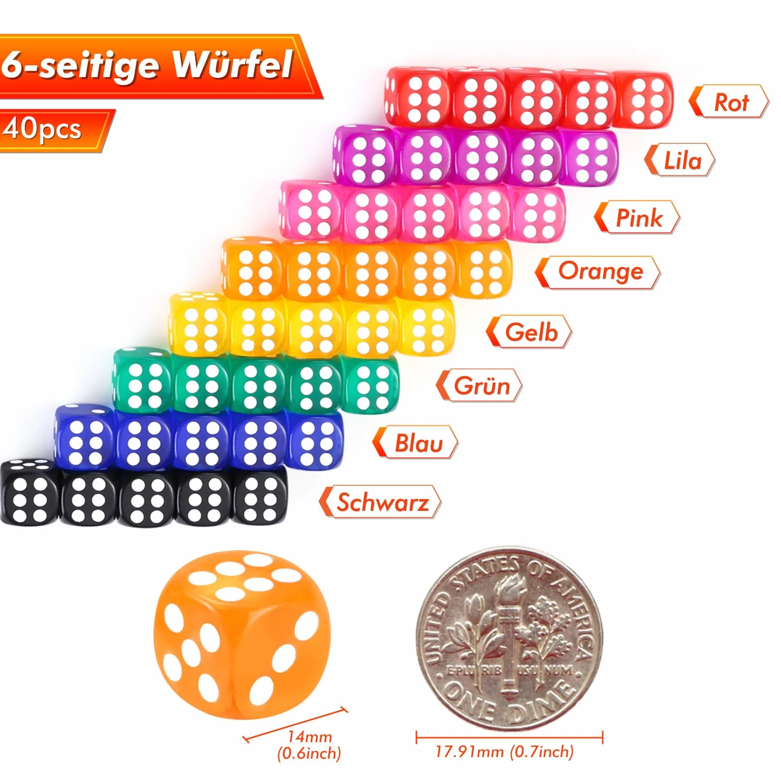 GWHOLE Zestaw 40 kolorowych kostek 6-stronnych, 14 mm, zestaw kostek do zabawy, szeptane kostki z zaokrąglonymi narożnikami, król kostek, do gier stołowych