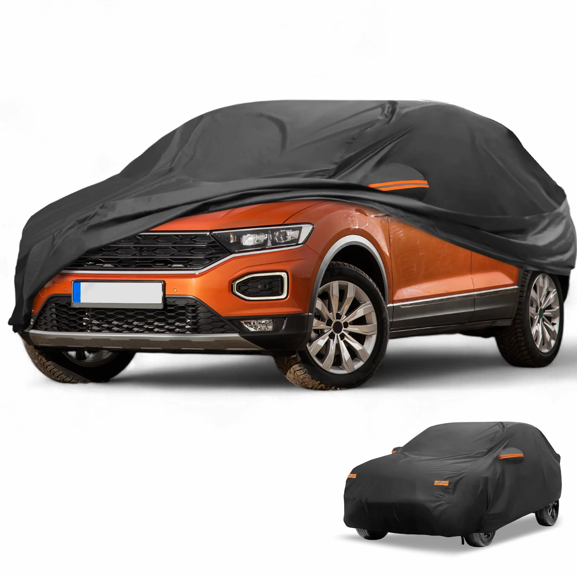Wodoodporny pokrowiec samochodowy na każdą pogodę - odporny na promieniowanie UV zewnętrzny pełna ochrona zewnętrzna do Volkswagena T-Roc 190T-PU czarny z zamkiem błyskawicznym po prawej