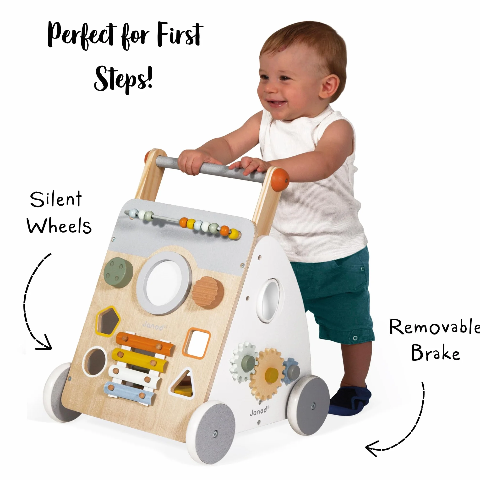 Janod - Sweet Cocoon Multi-Activity Cart - Wooden Push-In Walking Trolley - 9 Activities - Quiet Wheels, Water Based Paint - from 1 Year Old, J04410