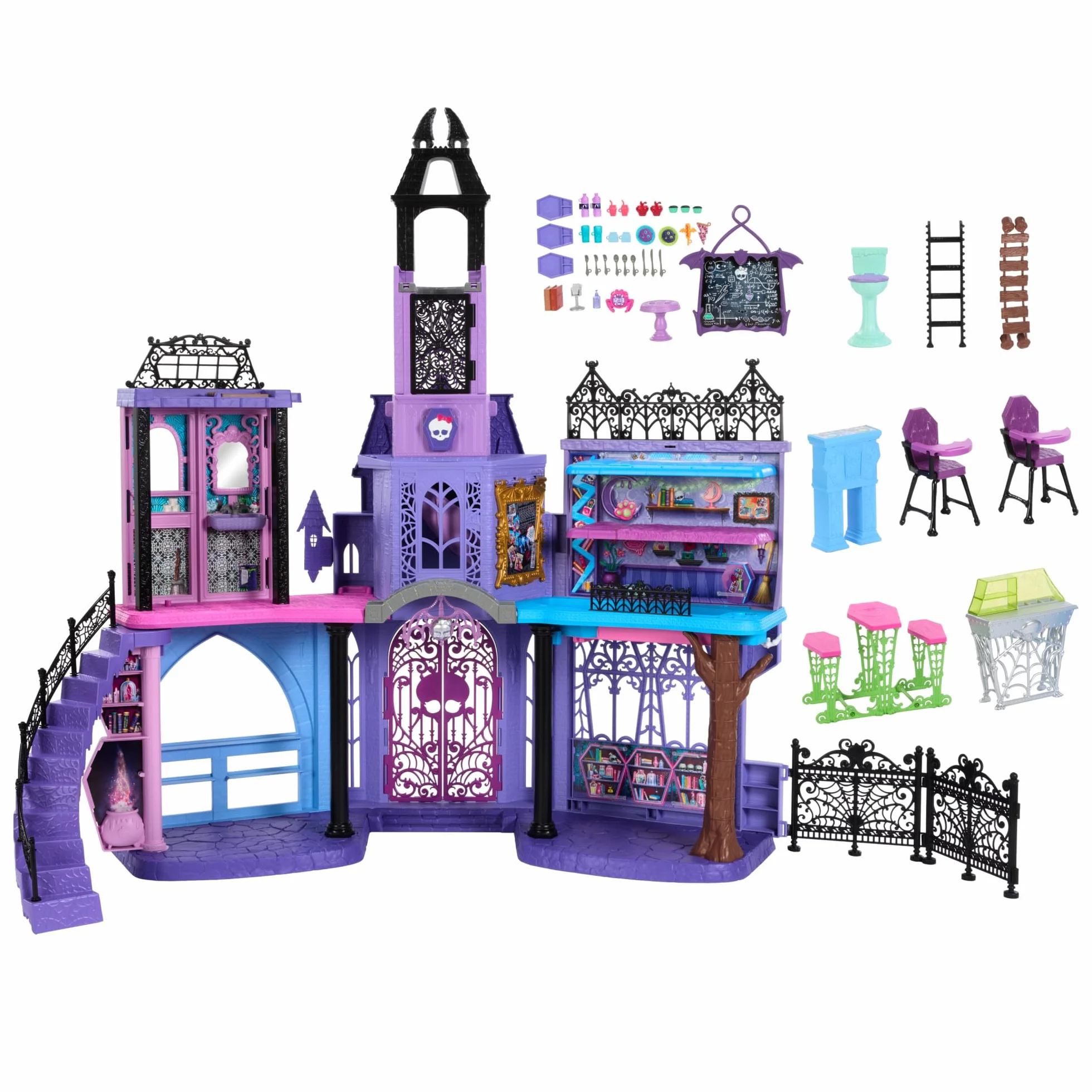 Monster High Szkoła Monster High Straszyceum Domek dla lalek Zabawka Zestaw dla dzieci w wieku od 4 lat z 7 obszarami zabawy i ponad 35 elementami, takimi jak mebelki i akcesoria, HLP88