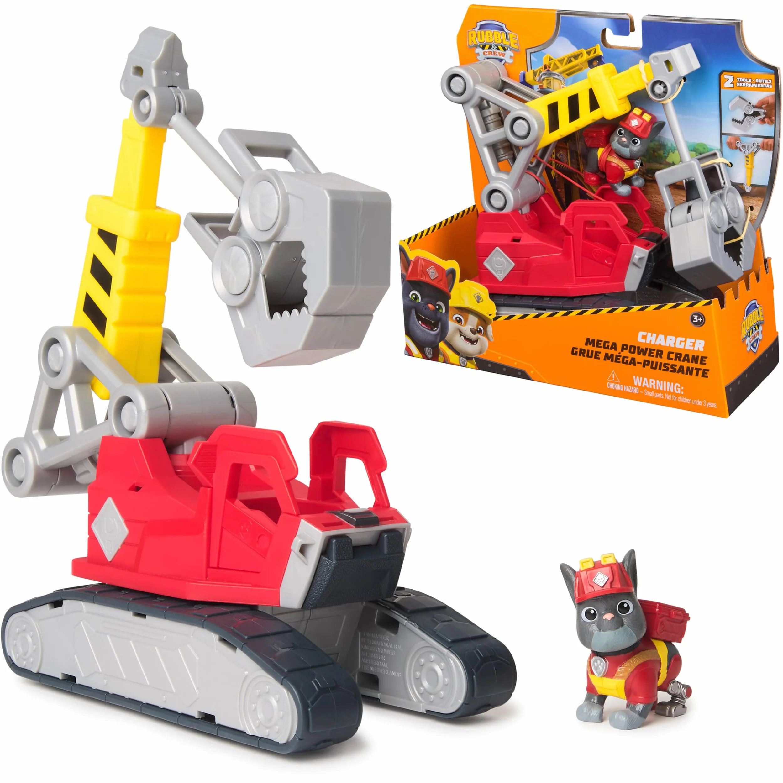 Mega Power Crane firmy Rubble & Crew, zabawkowa ciężarówka z figurką ładowarki i 2 odłączanymi narzędziami, zabawki dla dzieci PAW Patrol dla chłopców i dziewczynek w wieku od 3 lat